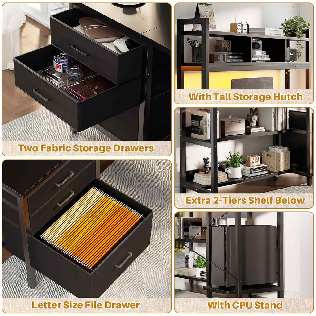 L Shaped Gaming Desk with Storage, Computer Gaming Desk with LED Lights & Hutch