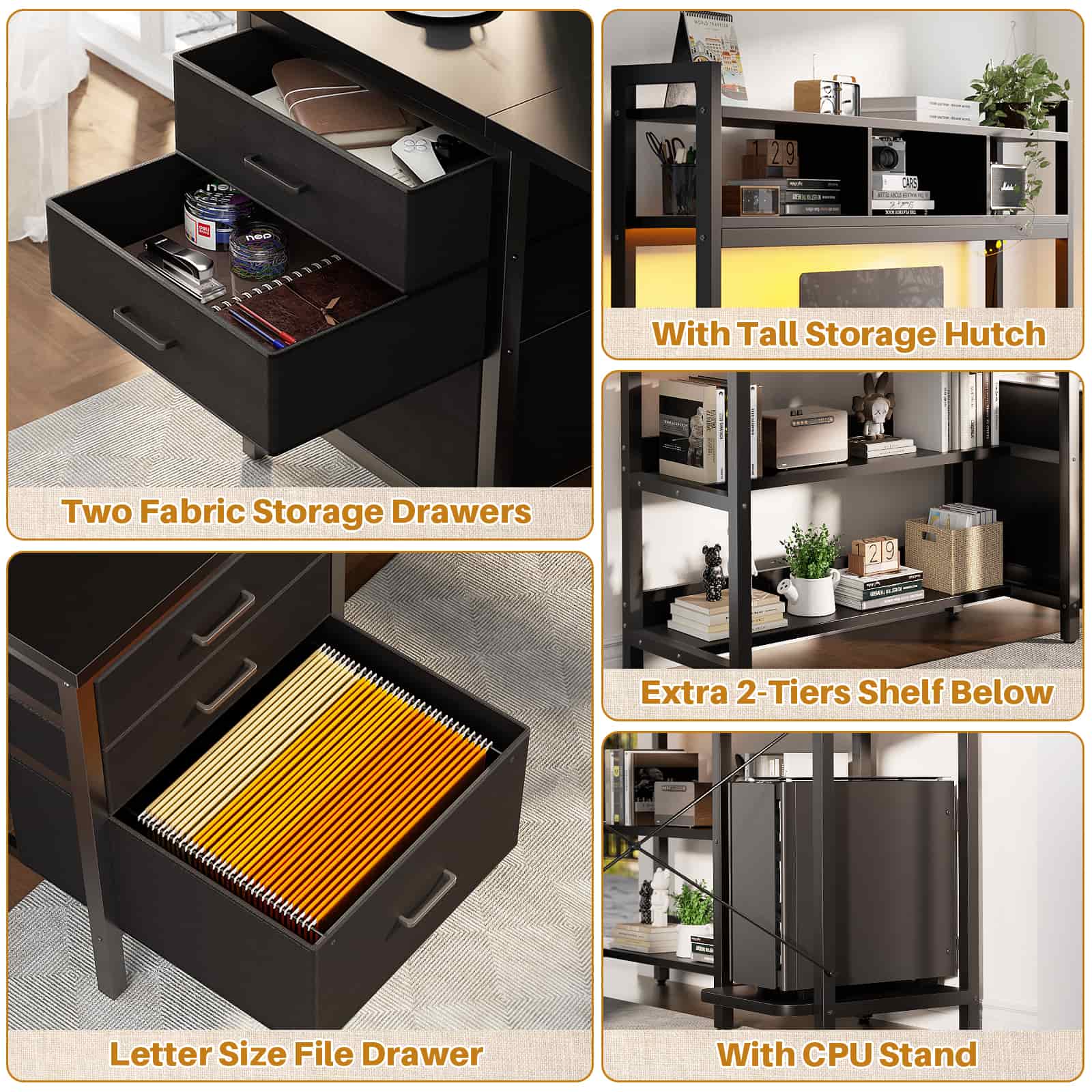 L Shaped Gaming Desk with Storage, Computer Gaming Desk with LED Lights & Hutch