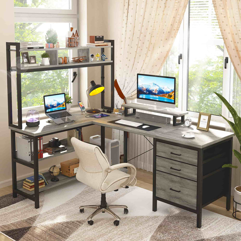 L Shaped Gaming Desk with Storage, Computer Gaming Desk with LED Lights & Hutch