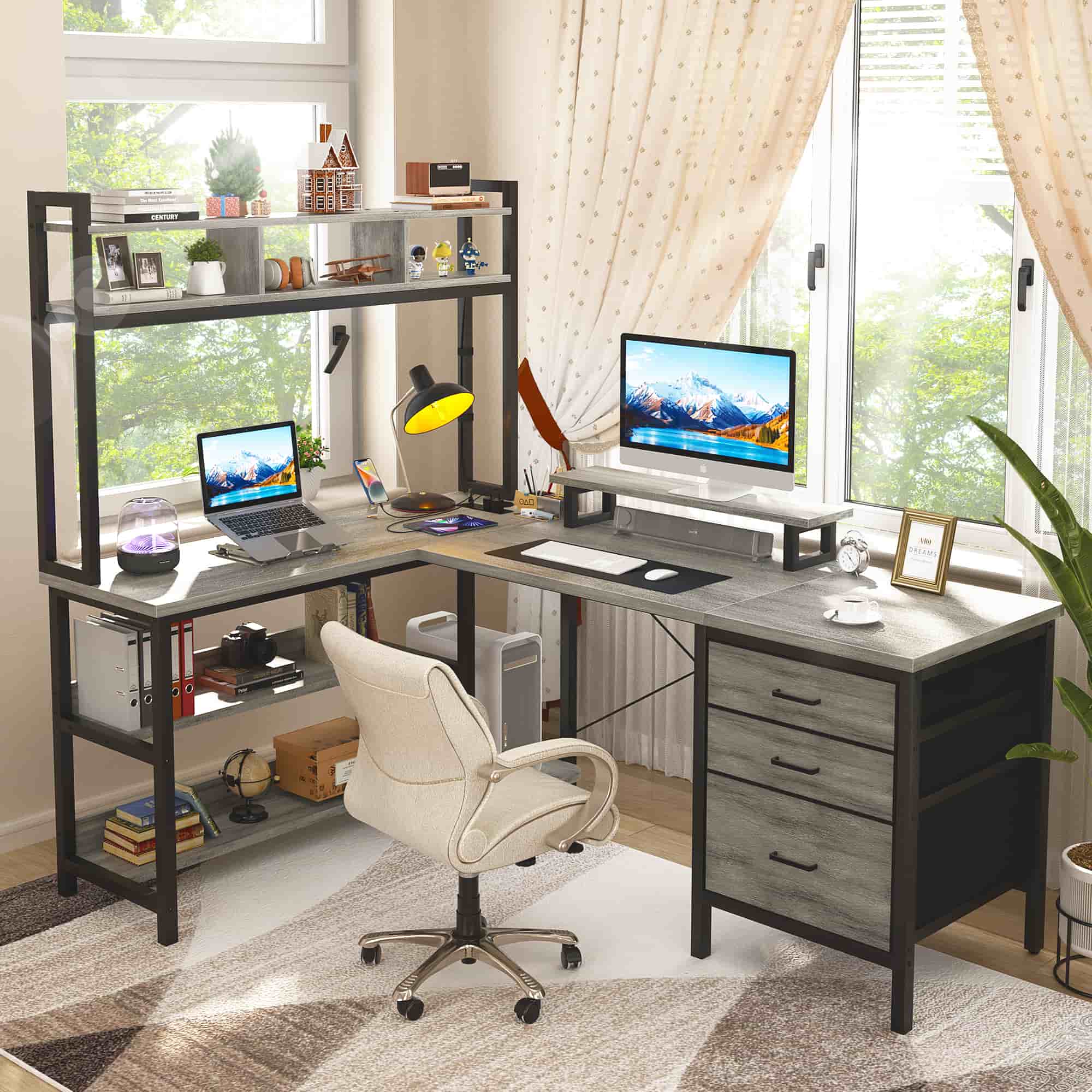 L Shaped Gaming Desk with Storage, Computer Gaming Desk with LED Lights & Hutch