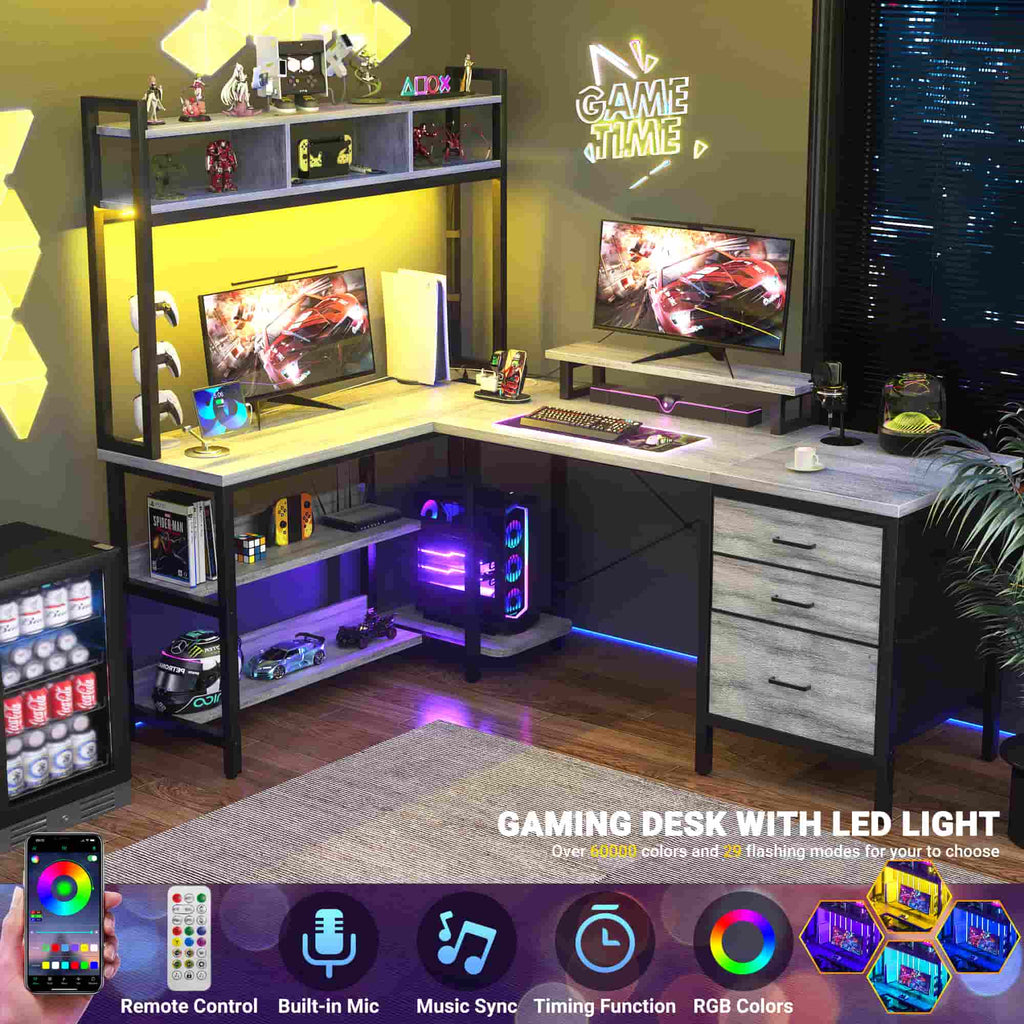 L Shaped Gaming Desk with Storage, Computer Gaming Desk with LED Lights & Hutch