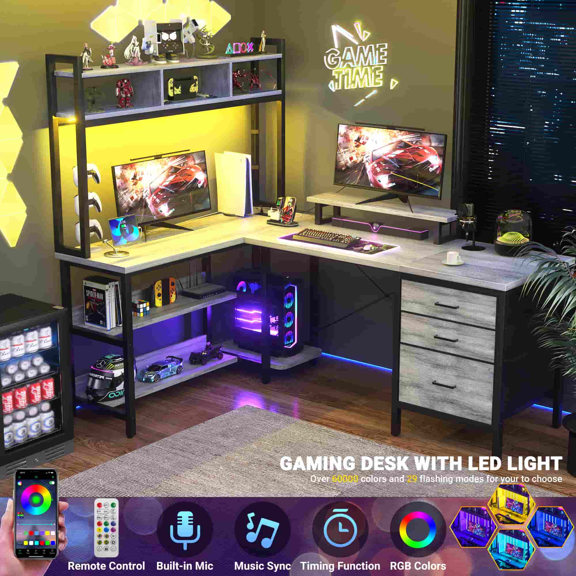 L Shaped Gaming Desk with Storage, Computer Gaming Desk with LED Lights & Hutch