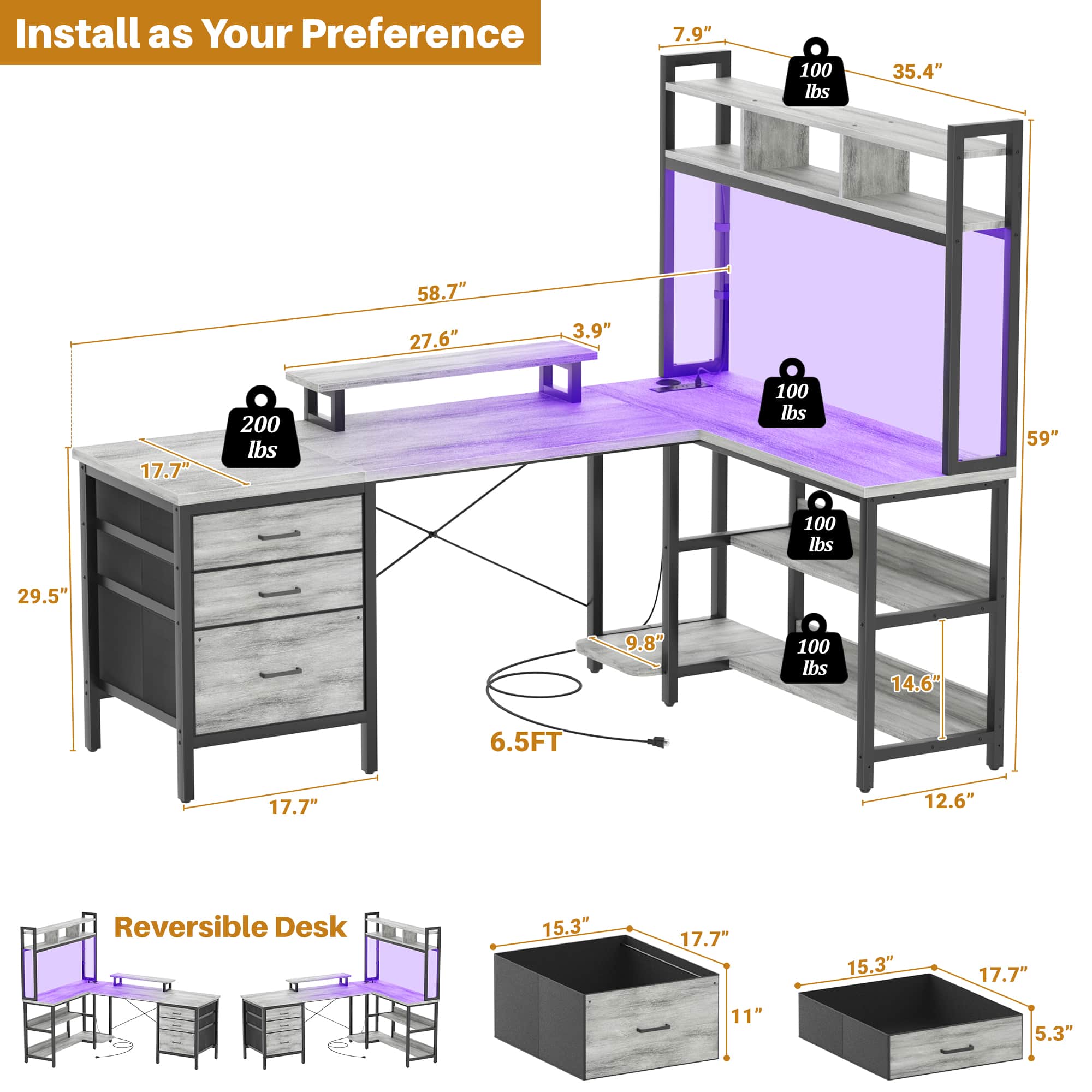 L Shaped Gaming Desk with Storage, Computer Gaming Desk with LED Lights & Hutch