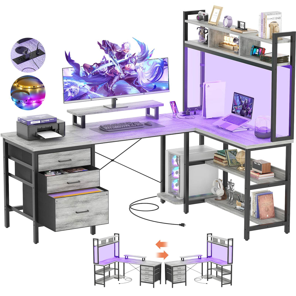 L Shaped Gaming Desk with Storage, Computer Gaming Desk with LED Lights & Hutch
