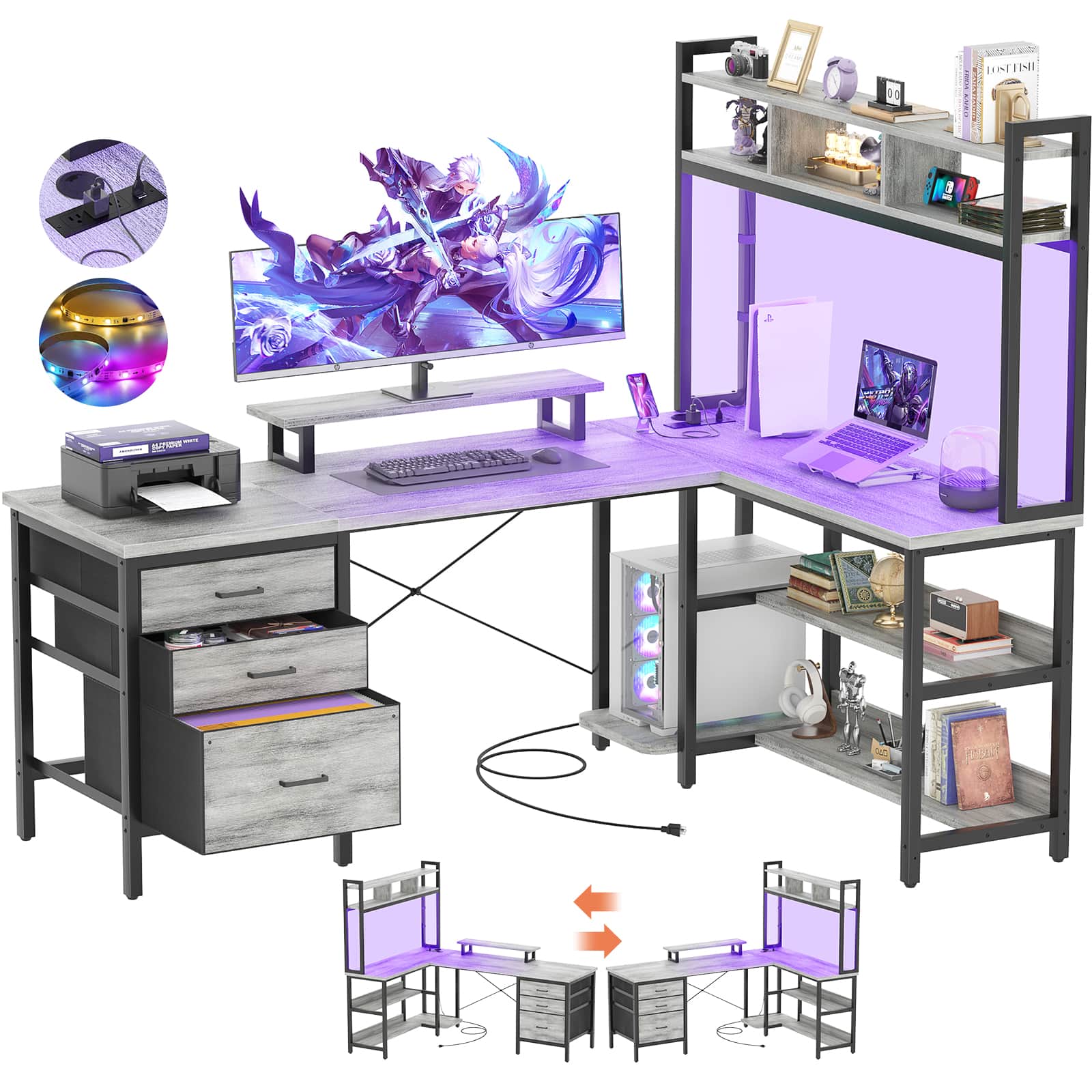 L Shaped Gaming Desk with Storage, Computer Gaming Desk with LED Lights & Hutch