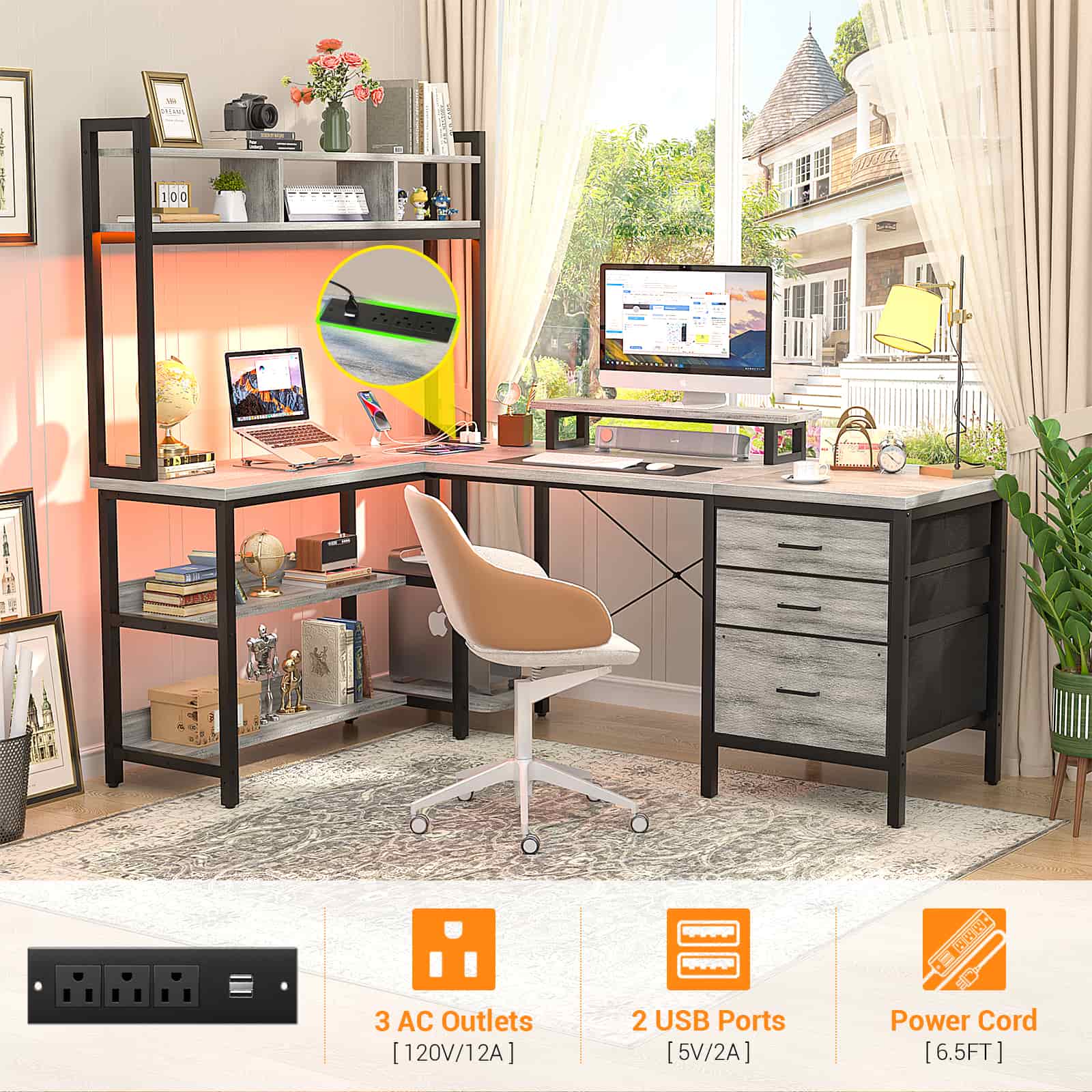 L Shaped Gaming Desk with Storage, Computer Gaming Desk with LED Lights & Hutch