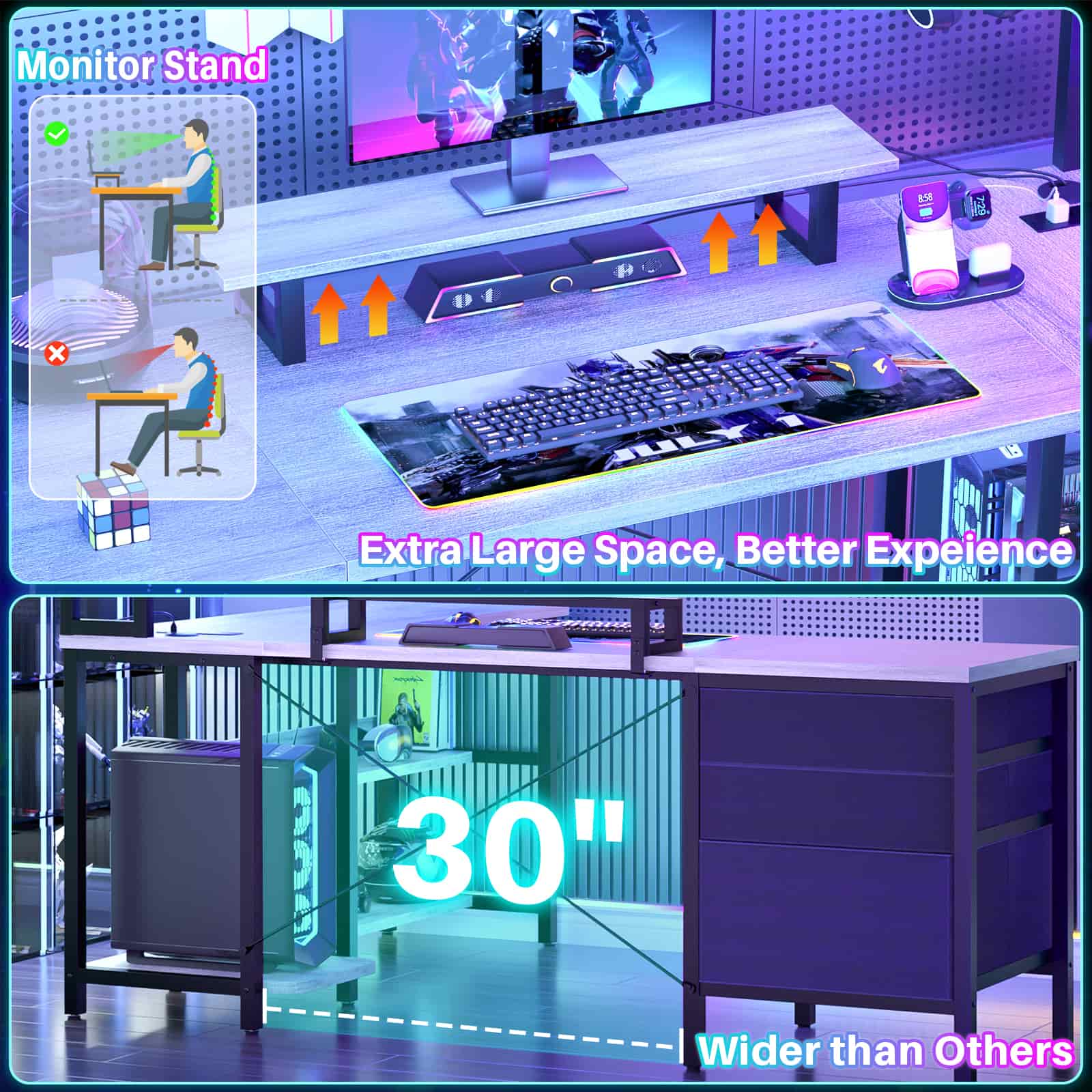 L Shaped Gaming Desk with Storage, Computer Gaming Desk with LED Lights & Hutch