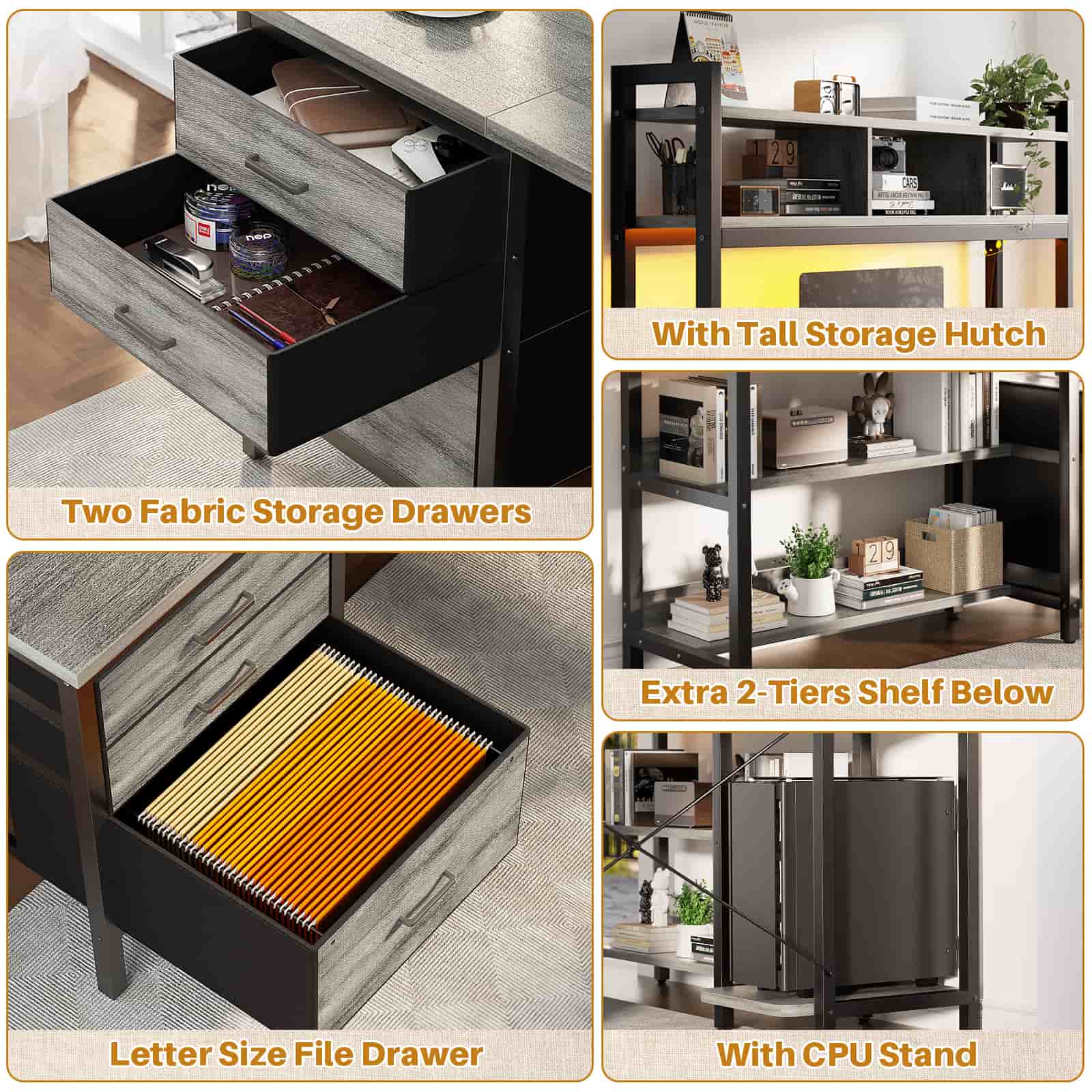 L Shaped Gaming Desk with Storage, Computer Gaming Desk with LED Lights & Hutch