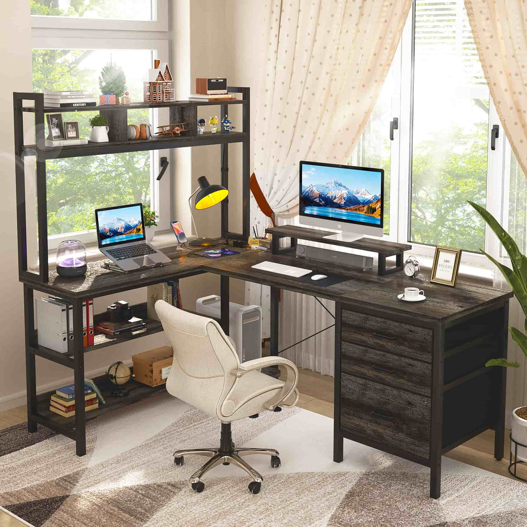 L Shaped Gaming Desk with Storage, Computer Gaming Desk with LED Lights & Hutch