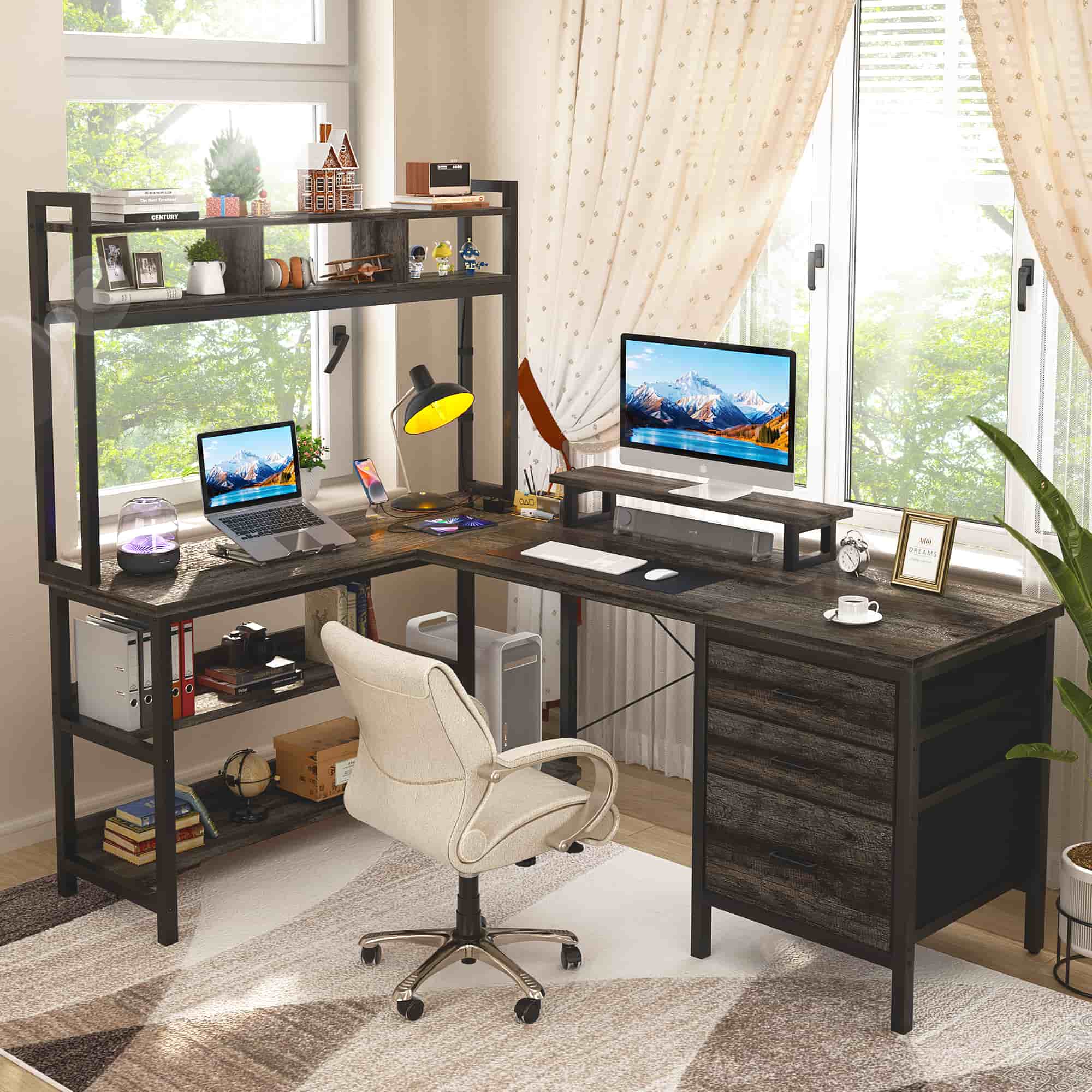 L Shaped Gaming Desk with Storage, Computer Gaming Desk with LED Lights & Hutch