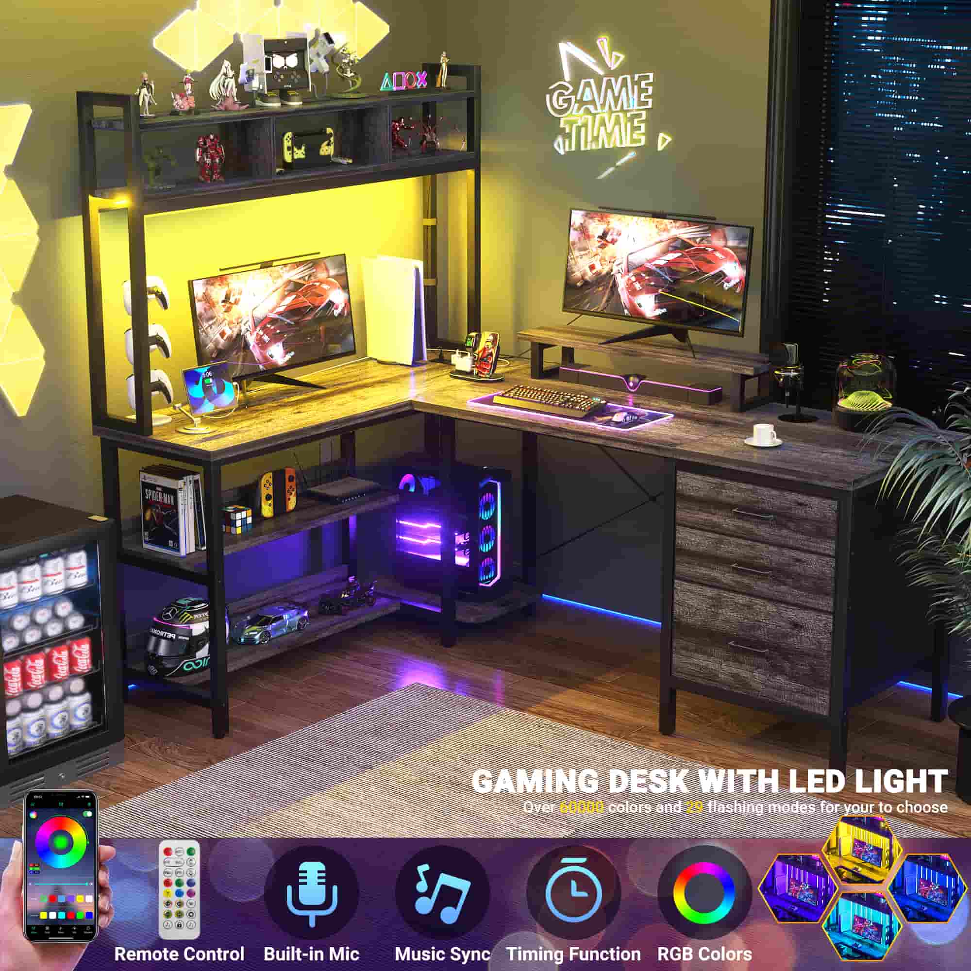 L Shaped Gaming Desk with Storage, Computer Gaming Desk with LED Lights & Hutch