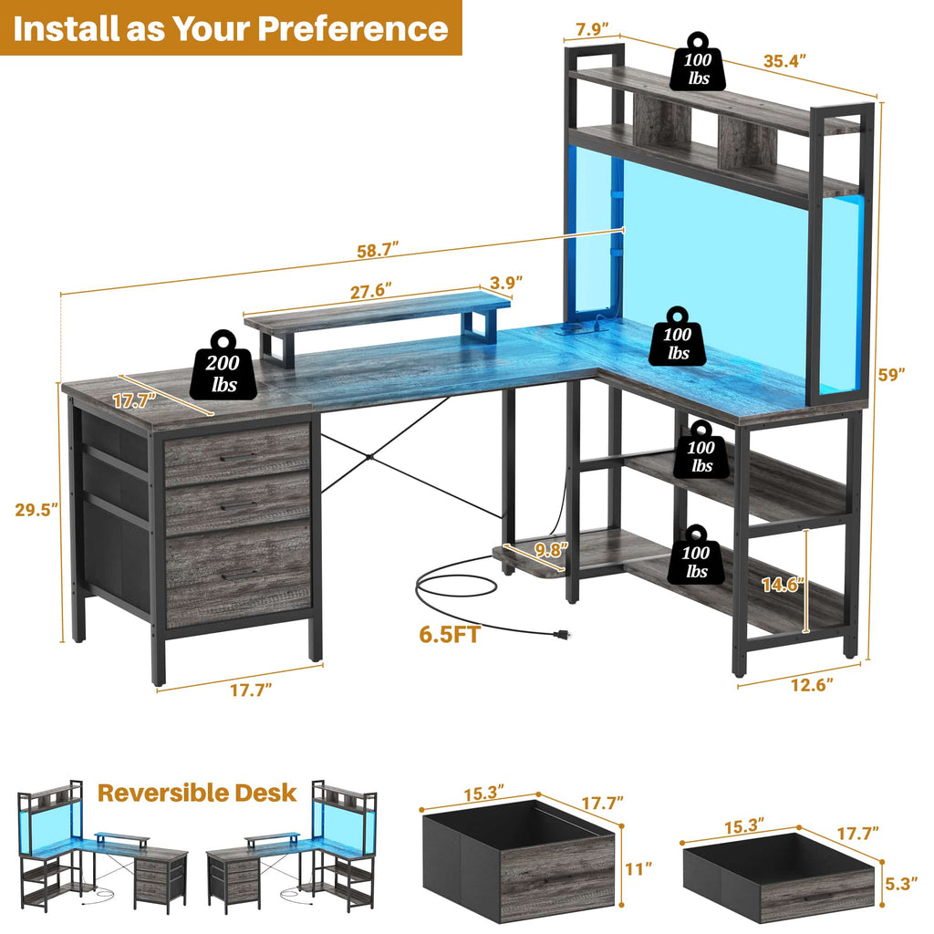 L Shaped Gaming Desk with Storage, Computer Gaming Desk with LED Lights & Hutch