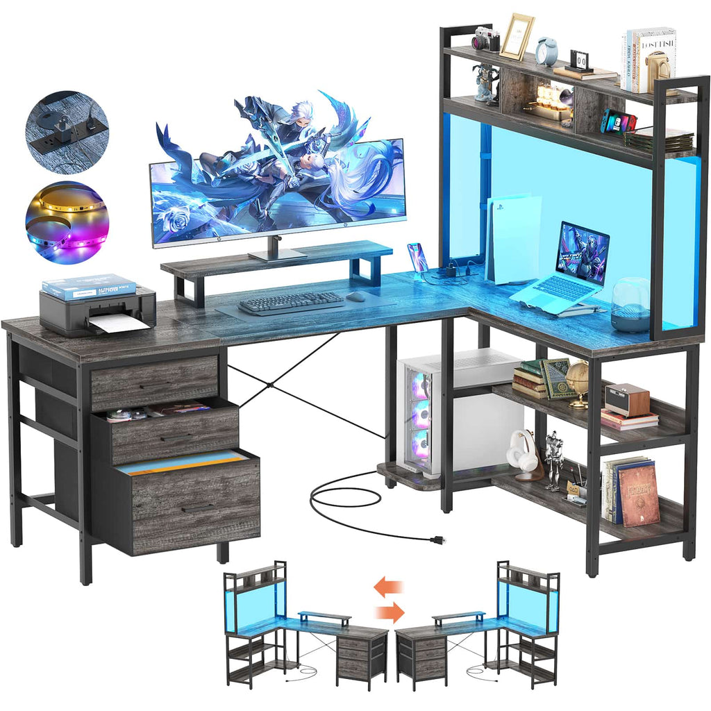 L Shaped Gaming Desk with Storage, Computer Gaming Desk with LED Lights & Hutch