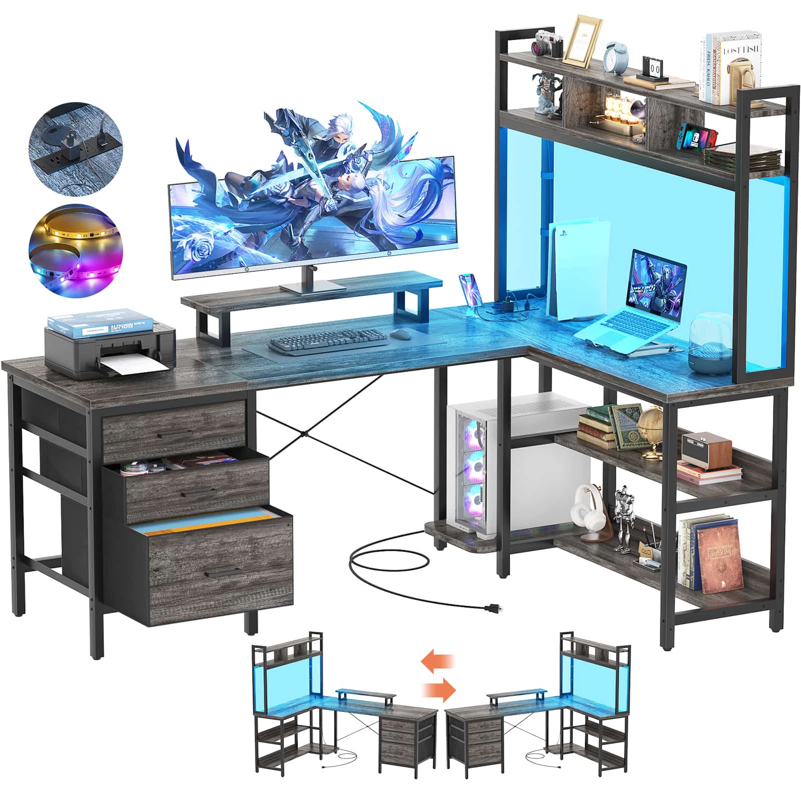 L Shaped Gaming Desk with Storage, Computer Gaming Desk with LED Lights & Hutch