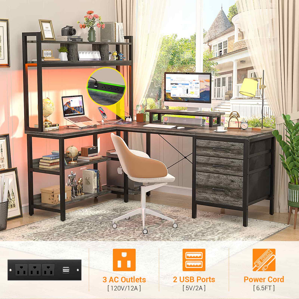 L Shaped Gaming Desk with Storage, Computer Gaming Desk with LED Lights & Hutch