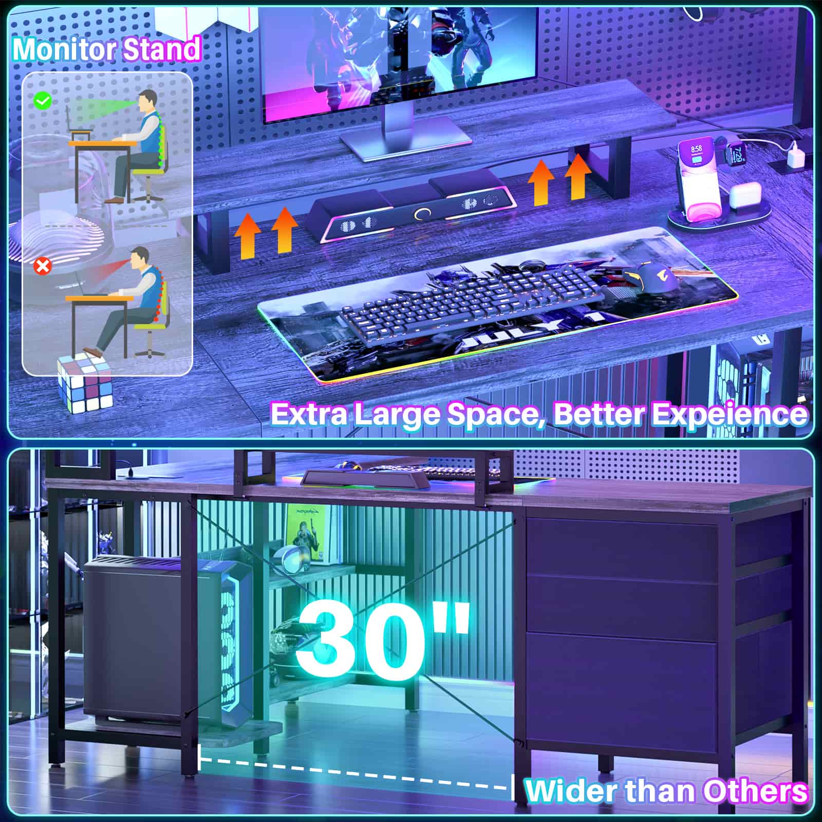 L Shaped Gaming Desk with Storage, Computer Gaming Desk with LED Lights & Hutch