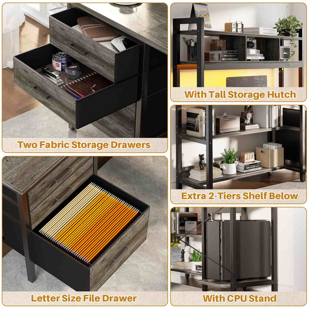 L Shaped Gaming Desk with Storage, Computer Gaming Desk with LED Lights & Hutch
