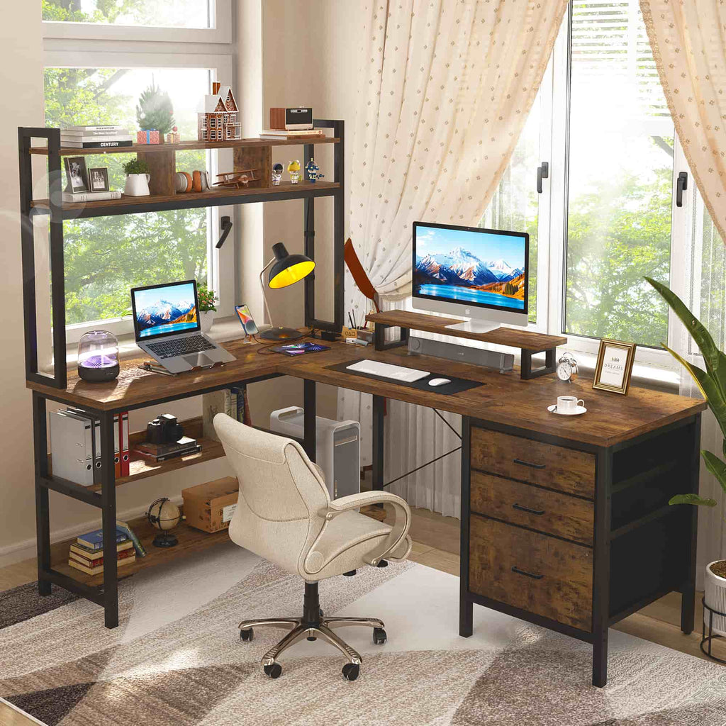 L Shaped Gaming Desk with Storage, Computer Gaming Desk with LED Lights & Hutch