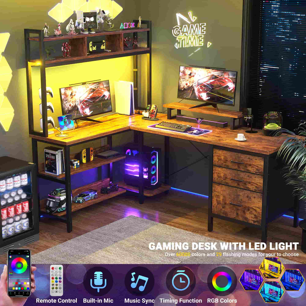 L Shaped Gaming Desk with Storage, Computer Gaming Desk with LED Lights & Hutch