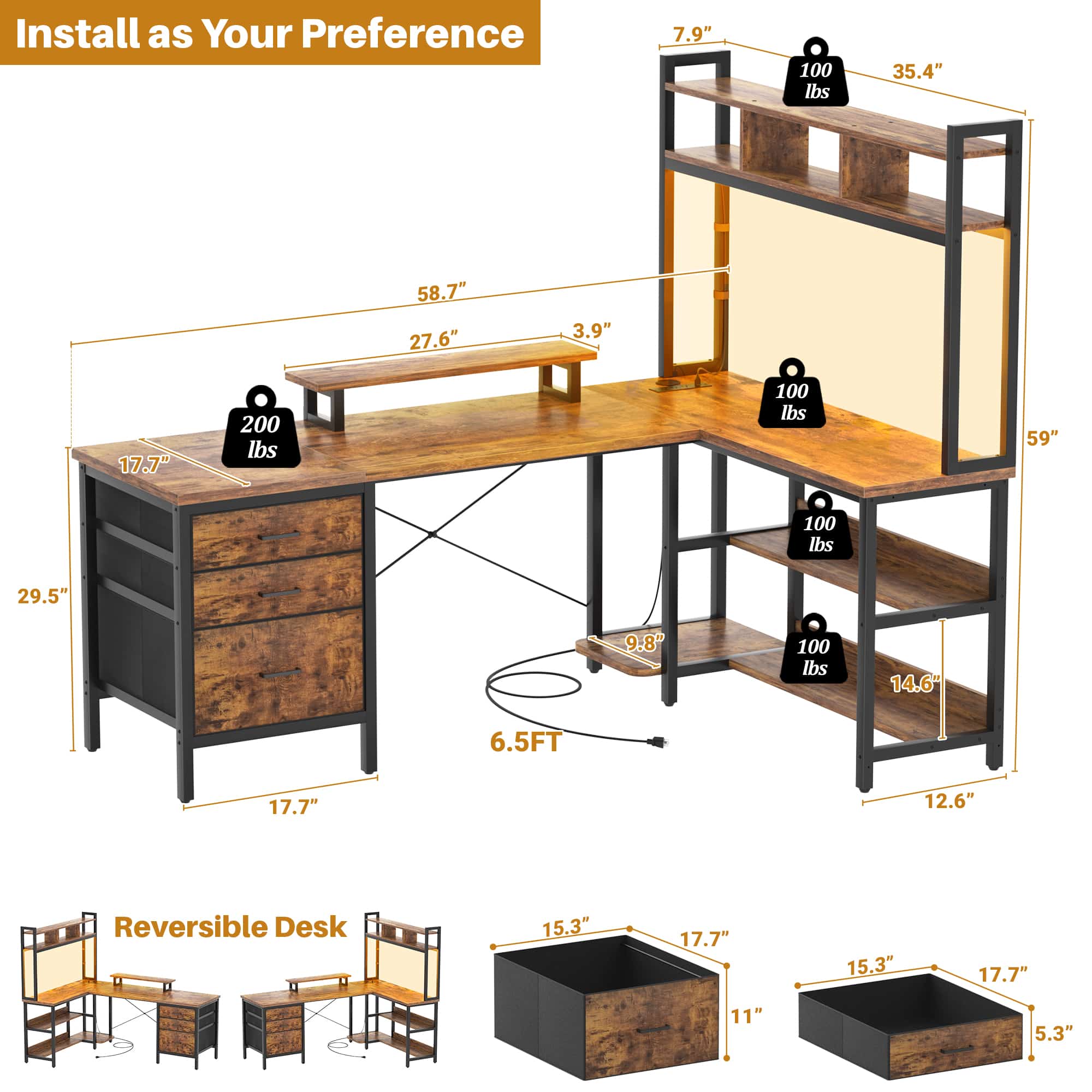L Shaped Gaming Desk with Storage, Computer Gaming Desk with LED Lights & Hutch