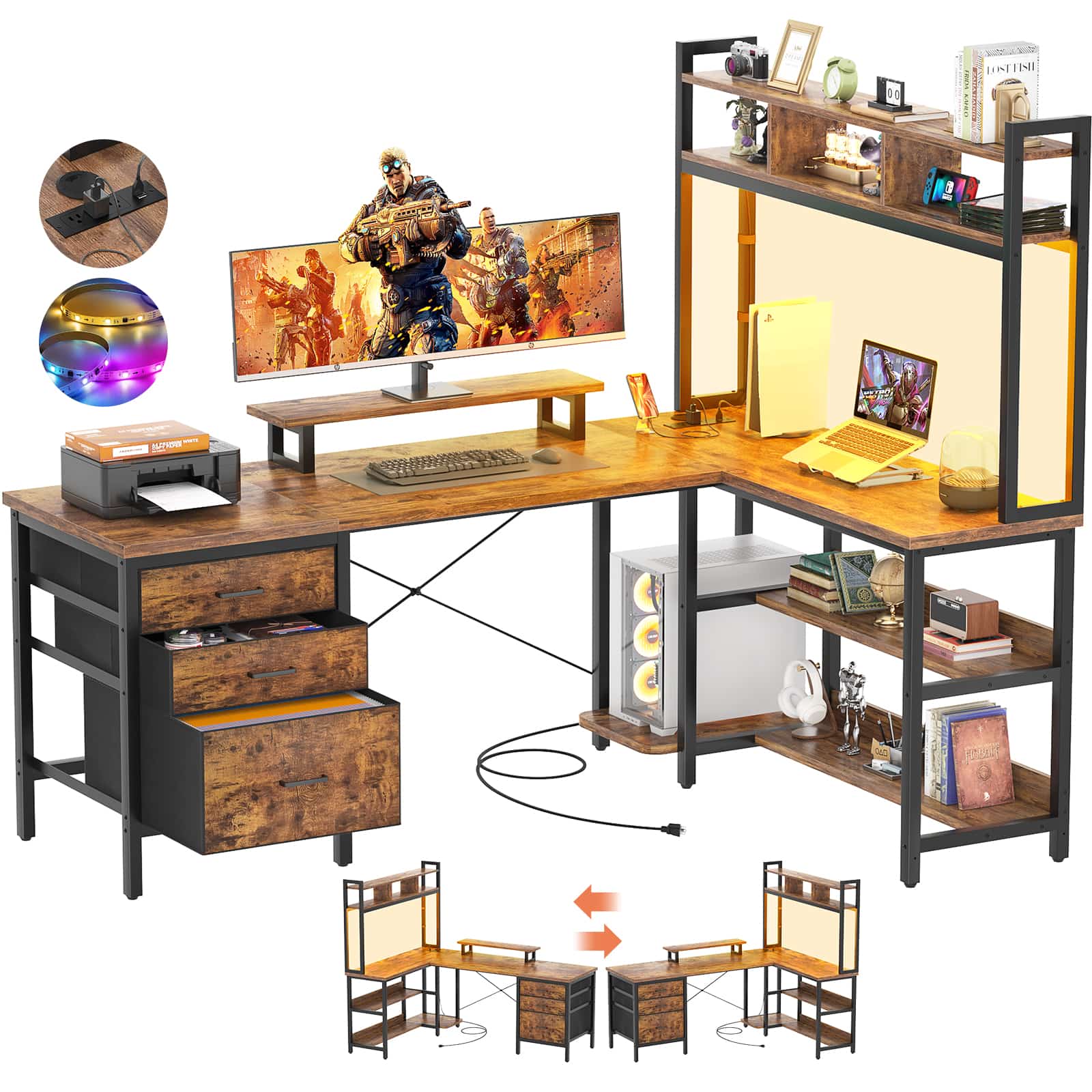L Shaped Gaming Desk with Storage, Computer Gaming Desk with LED Lights & Hutch