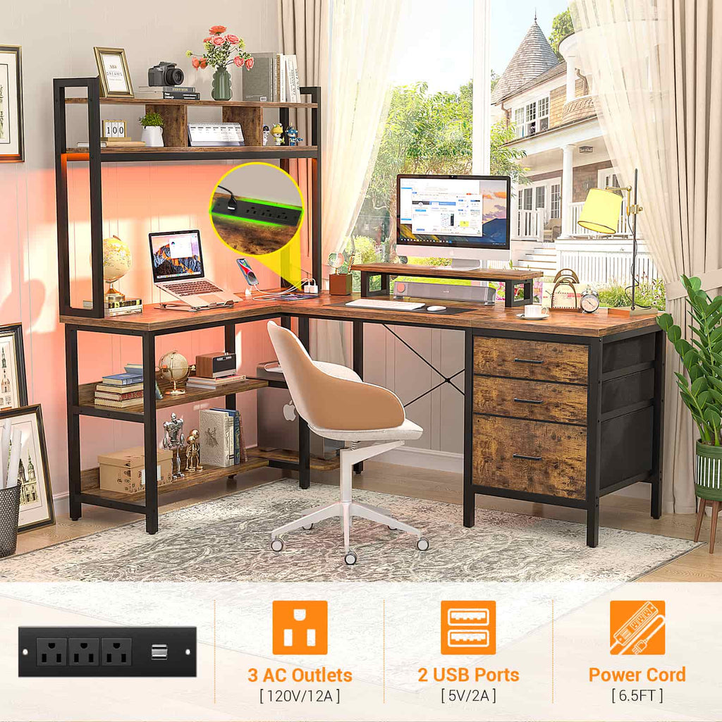 L Shaped Gaming Desk with Storage, Computer Gaming Desk with LED Lights & Hutch