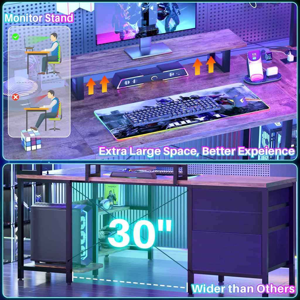 L Shaped Gaming Desk with Storage, Computer Gaming Desk with LED Lights & Hutch