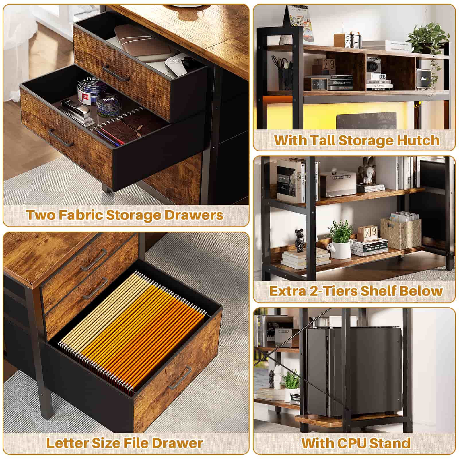 L Shaped Gaming Desk with Storage, Computer Gaming Desk with LED Lights & Hutch