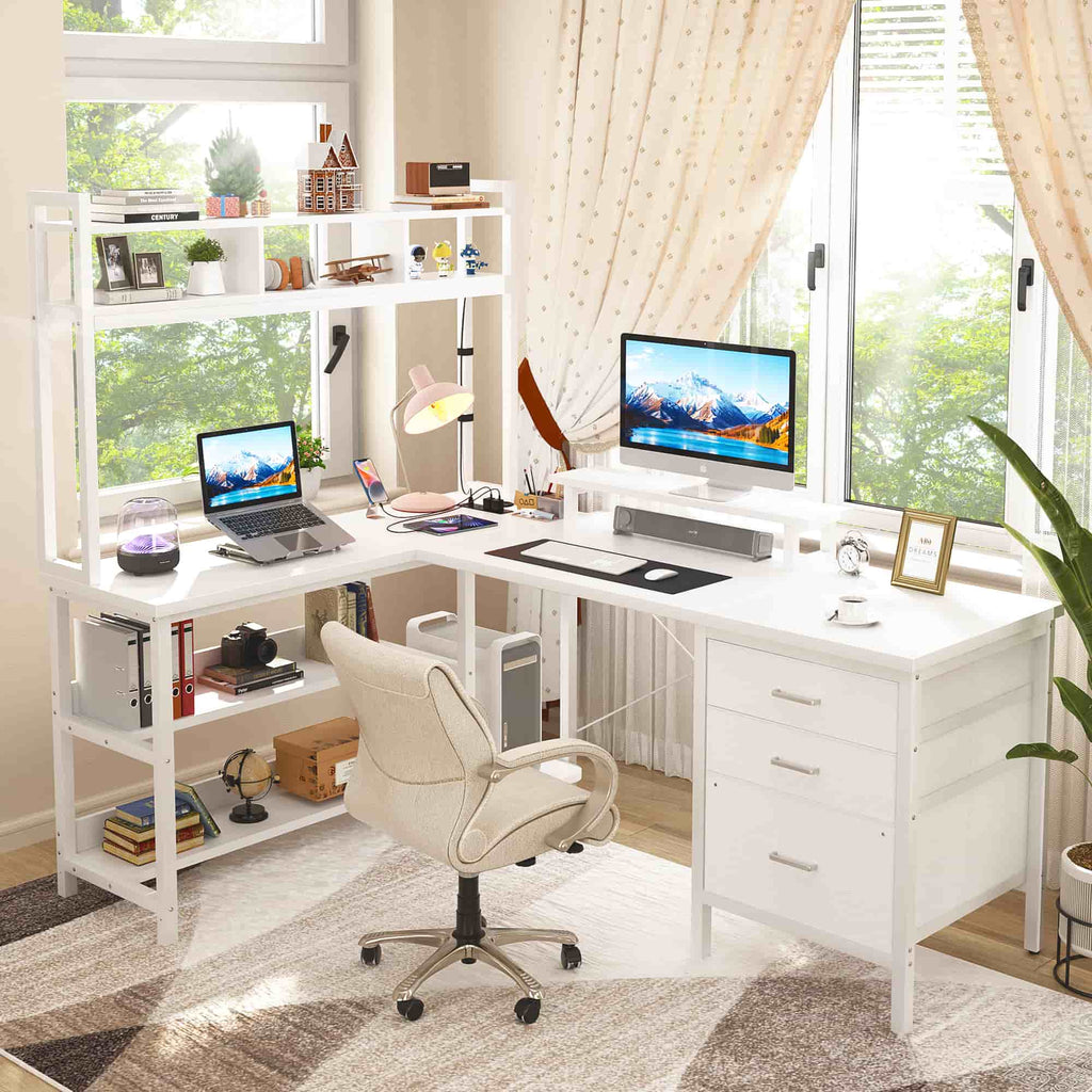 L Shaped Gaming Desk with Storage, Computer Gaming Desk with LED Lights & Hutch