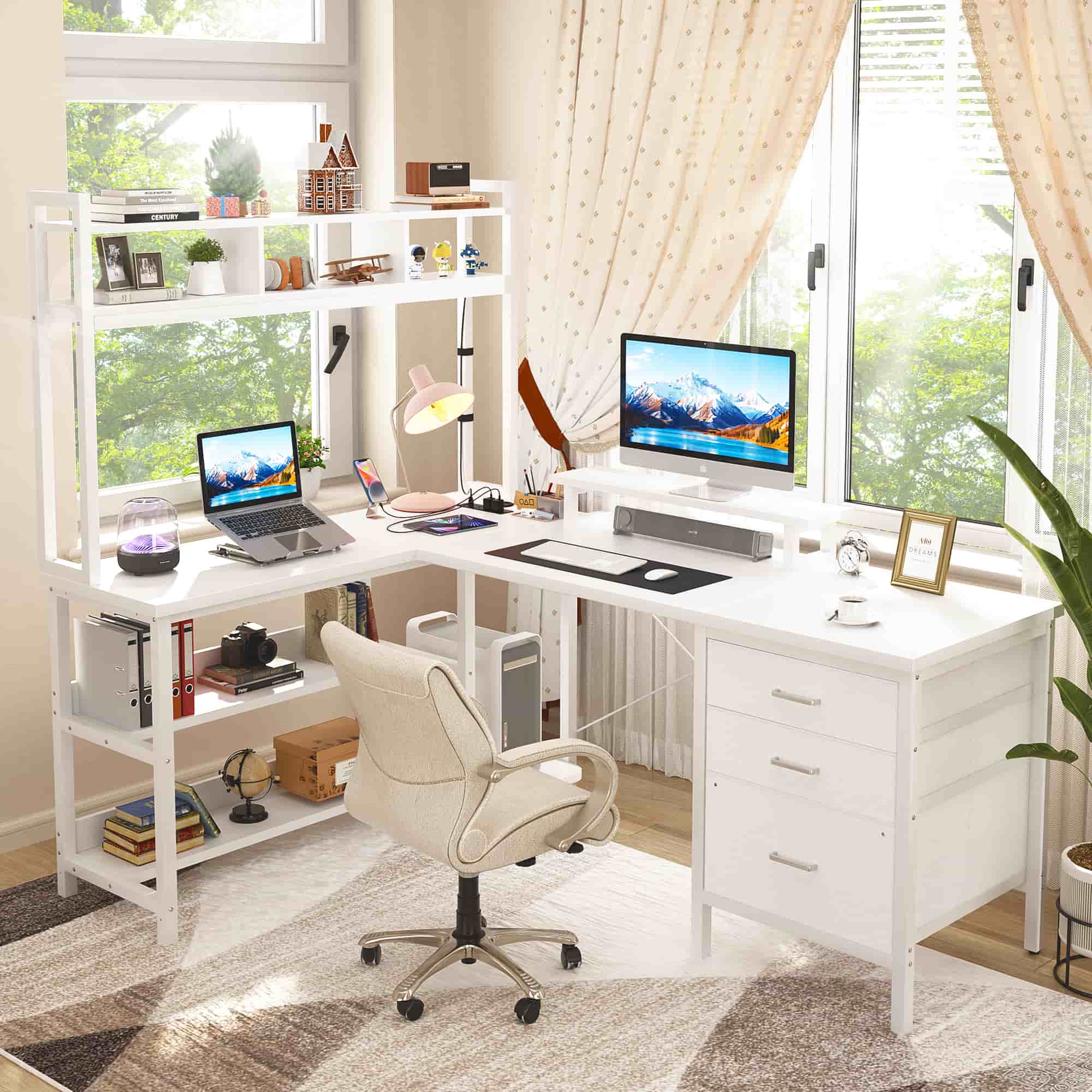 L Shaped Gaming Desk with Storage, Computer Gaming Desk with LED Lights & Hutch