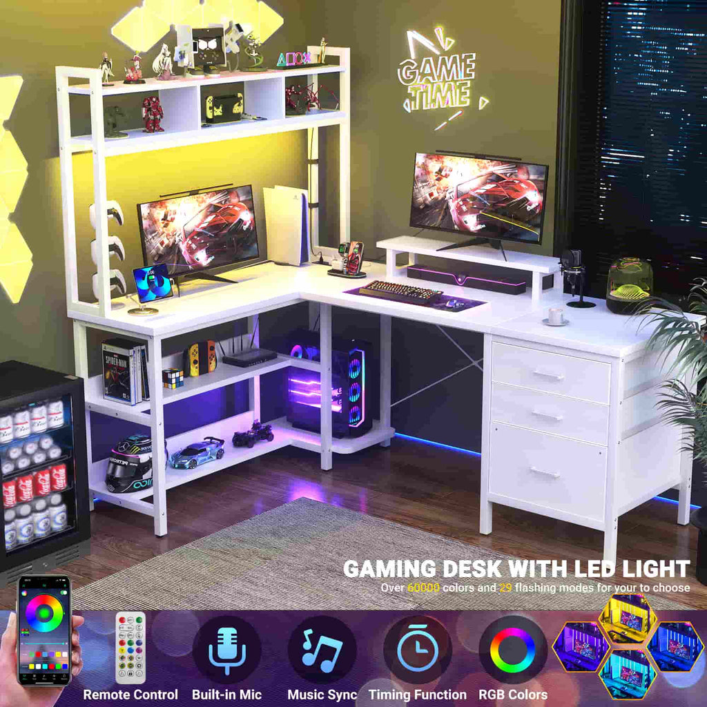 L Shaped Gaming Desk with Storage, Computer Gaming Desk with LED Lights & Hutch