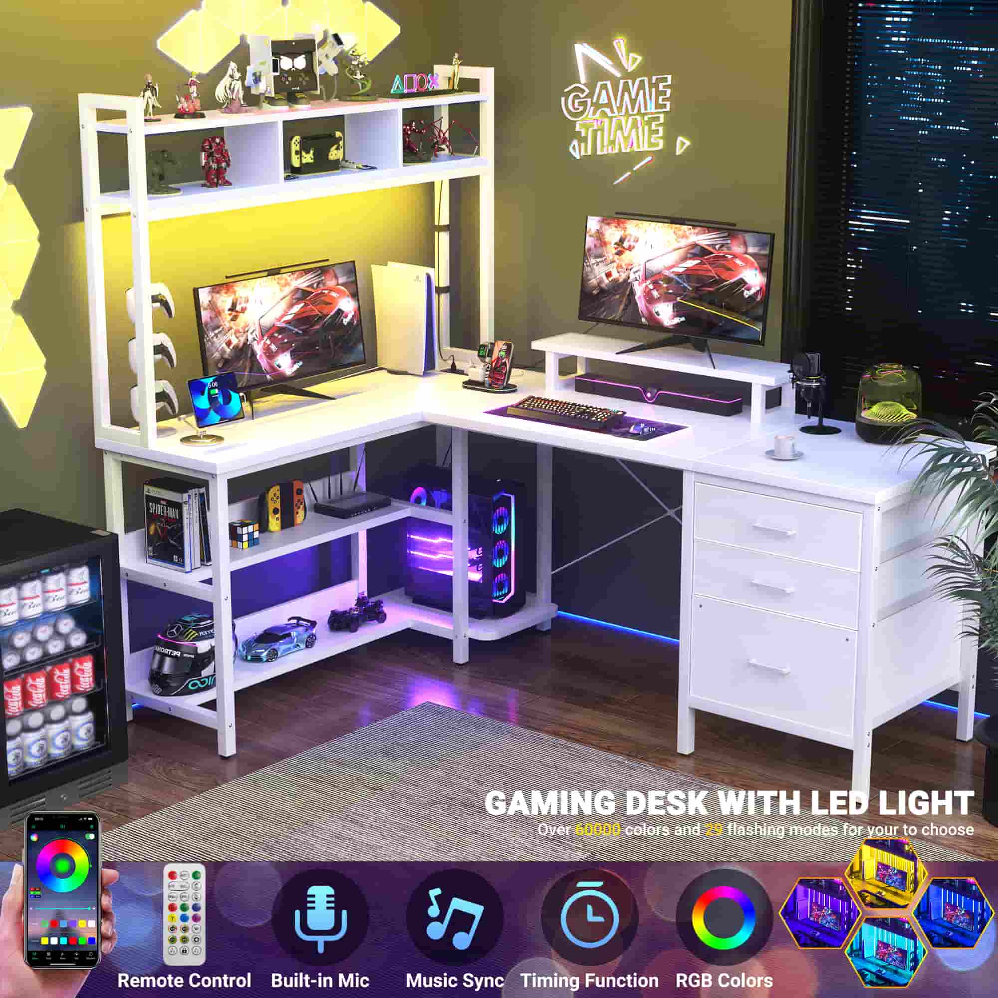 L Shaped Gaming Desk with Storage, Computer Gaming Desk with LED Lights & Hutch