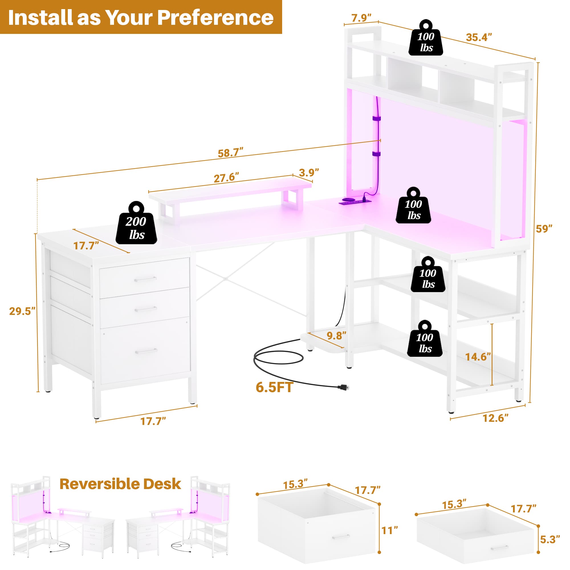 L Shaped Gaming Desk with Storage, Computer Gaming Desk with LED Lights & Hutch