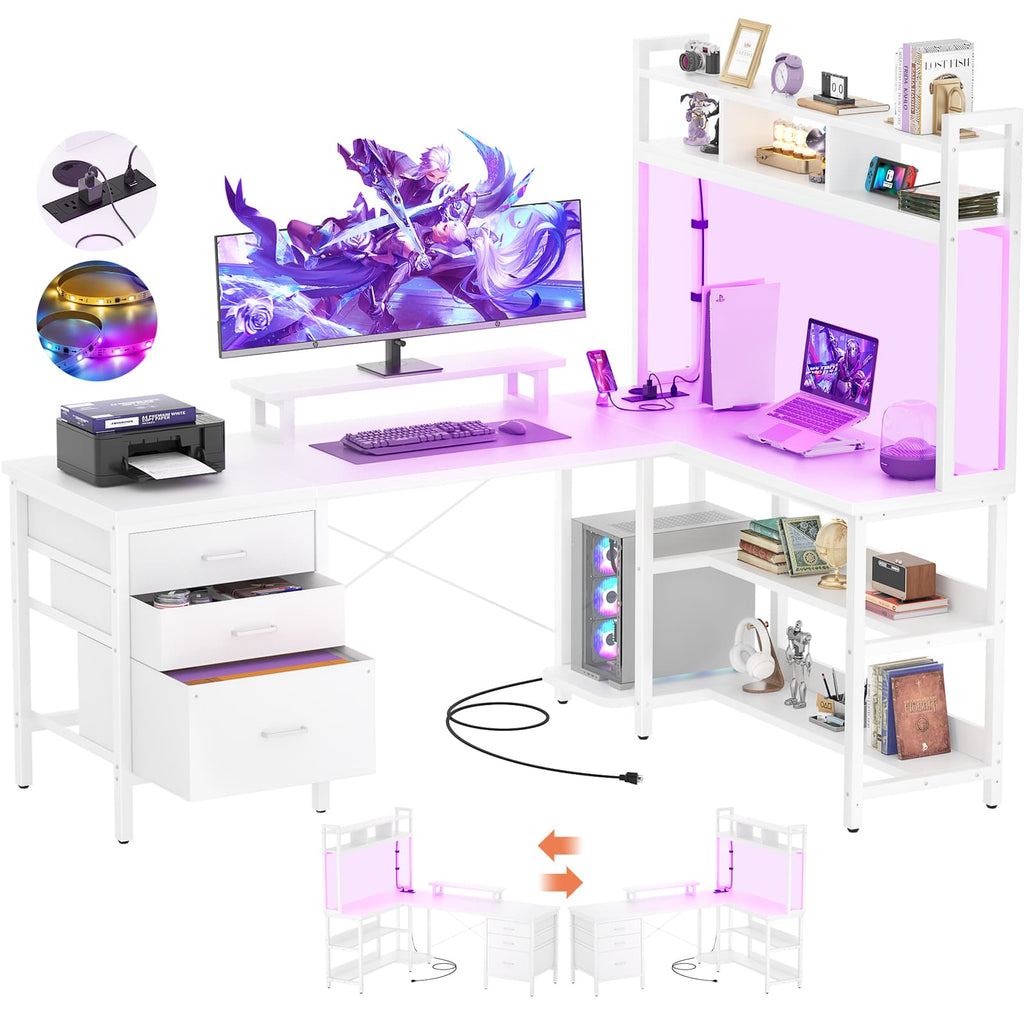 L Shaped Gaming Desk with Storage, Computer Gaming Desk with LED Lights & Hutch