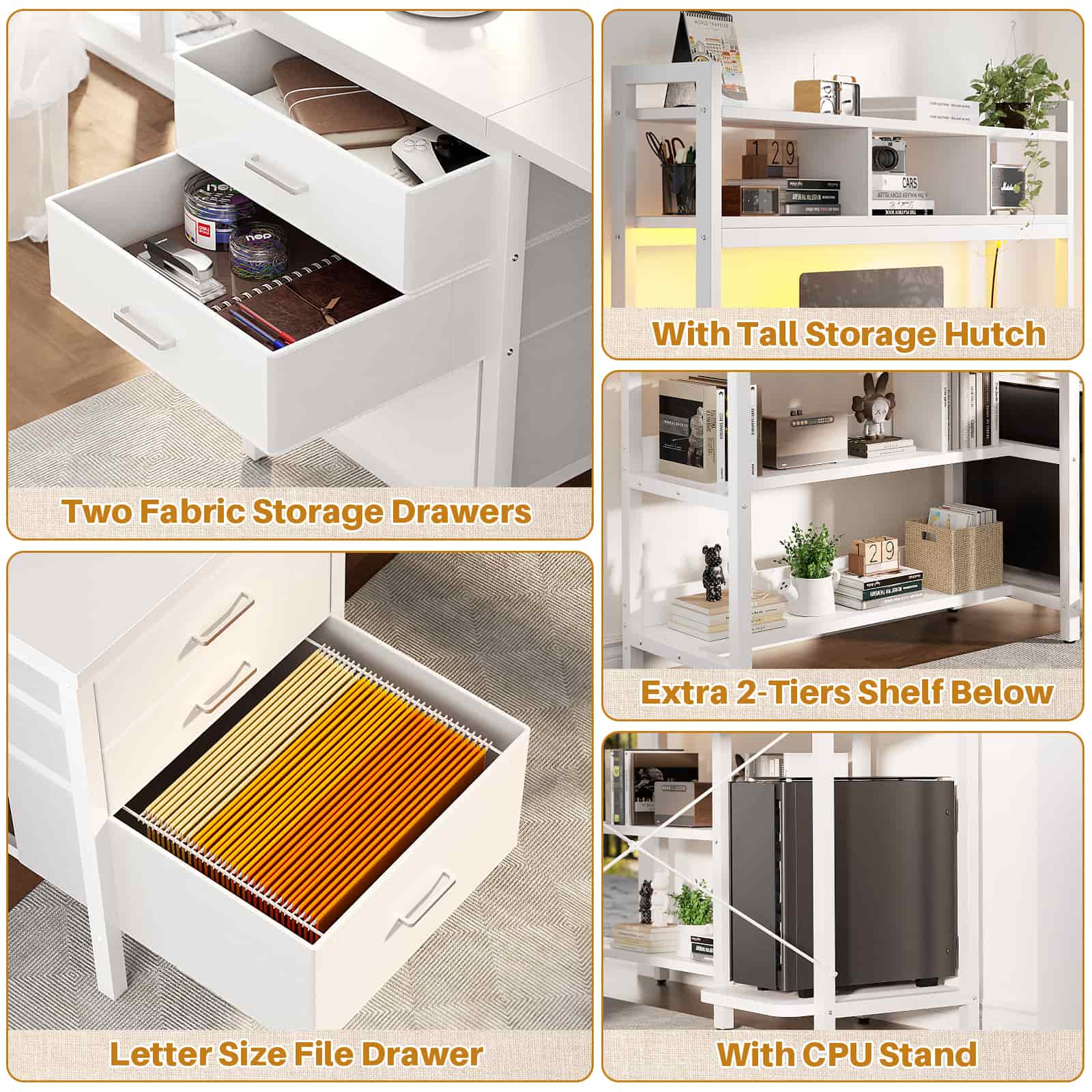 L Shaped Gaming Desk with Storage, Computer Gaming Desk with LED Lights & Hutch