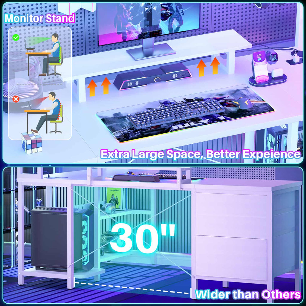L Shaped Gaming Desk with Storage, Computer Gaming Desk with LED Lights & Hutch