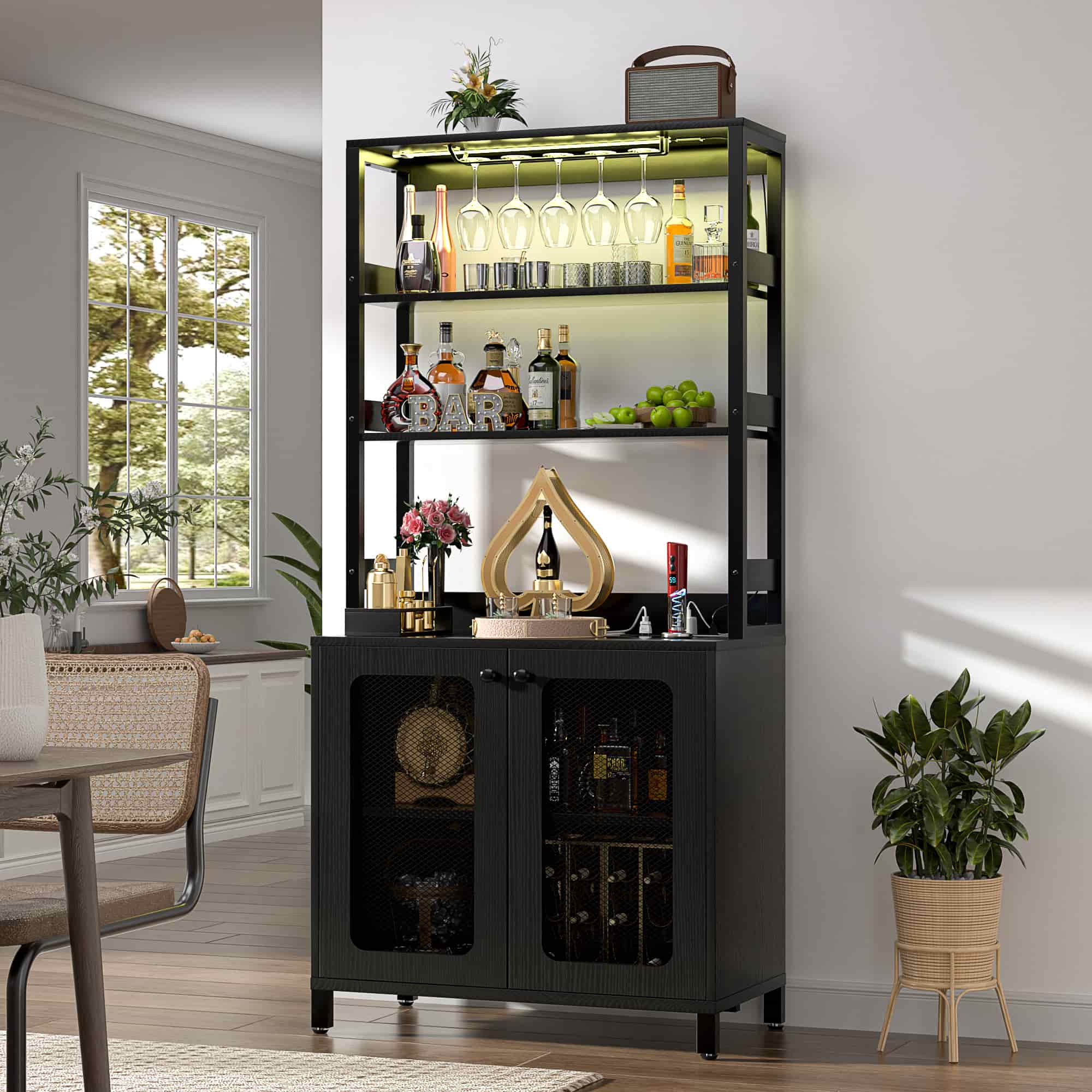 67'' Tall Wine Cabient with Charging Station and LED Lights