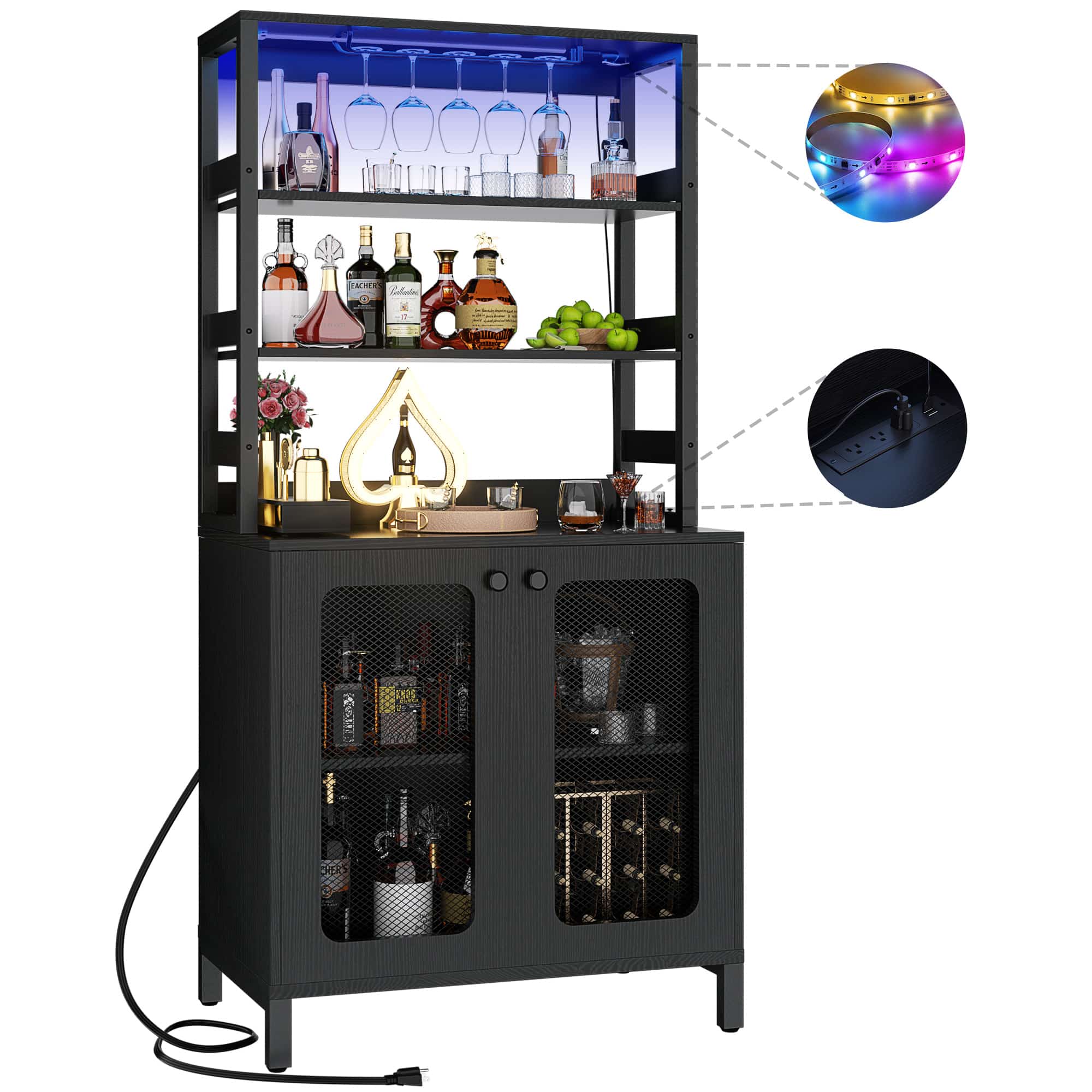 67'' Tall Wine Cabient with Charging Station and LED Lights
