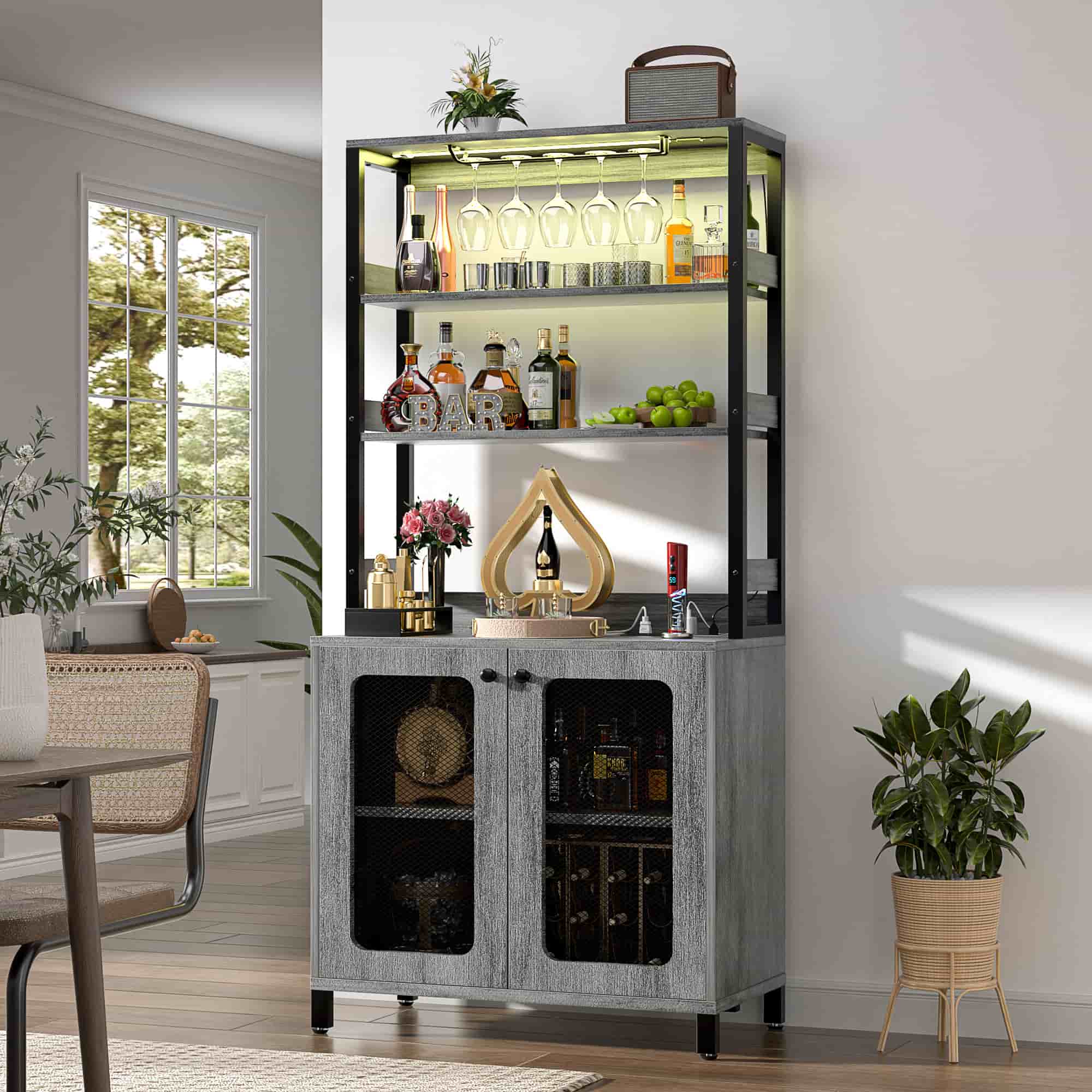67'' Tall Wine Cabient with Charging Station and LED Lights