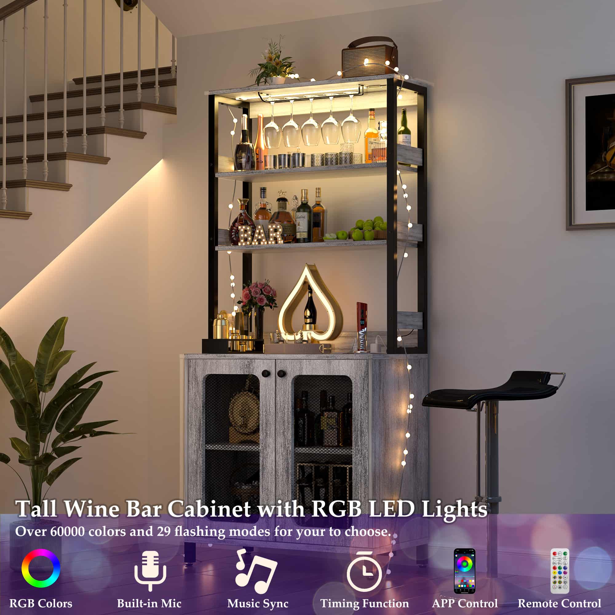 67'' Tall Wine Cabient with Charging Station and LED Lights