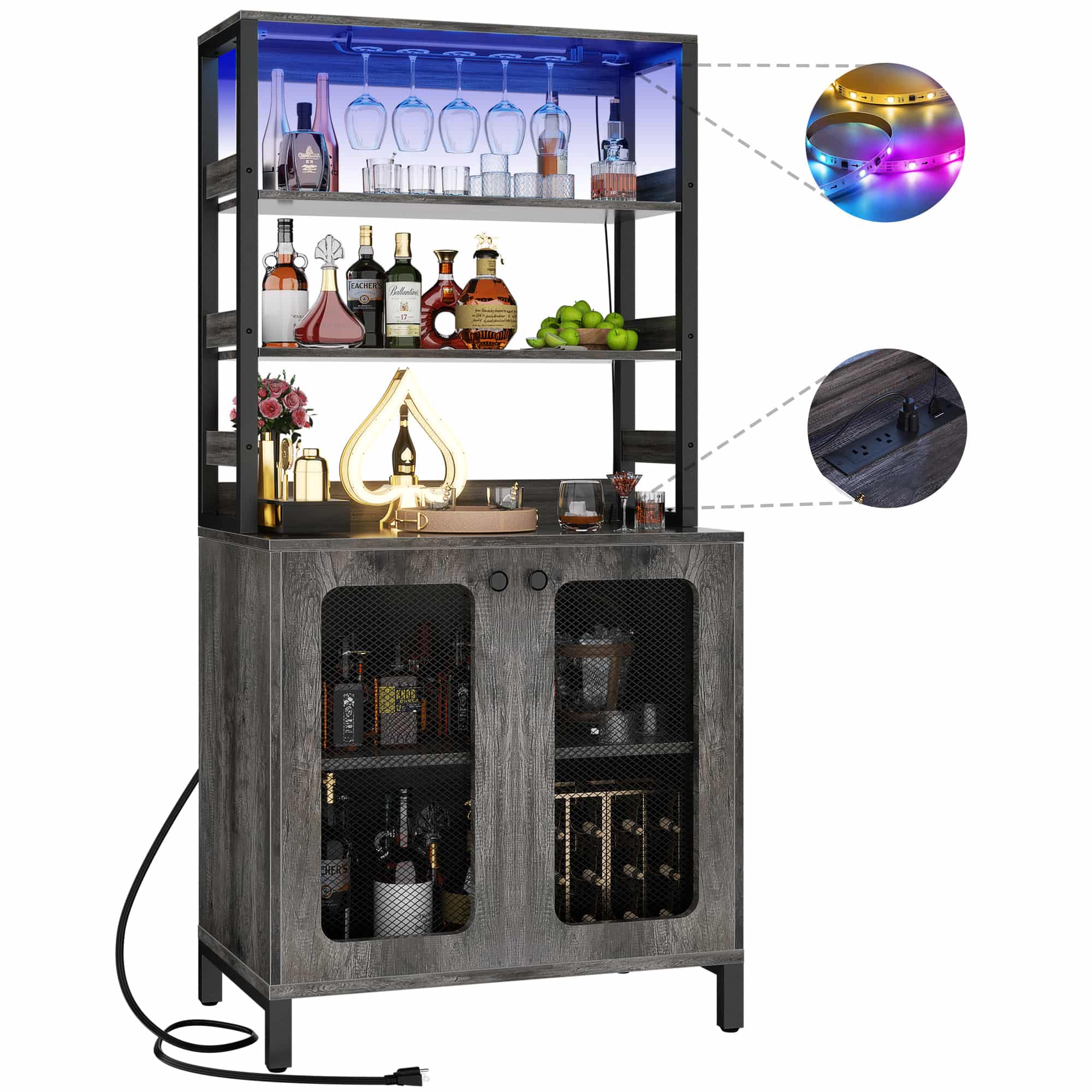 67'' Tall Wine Cabient with Charging Station and LED Lights