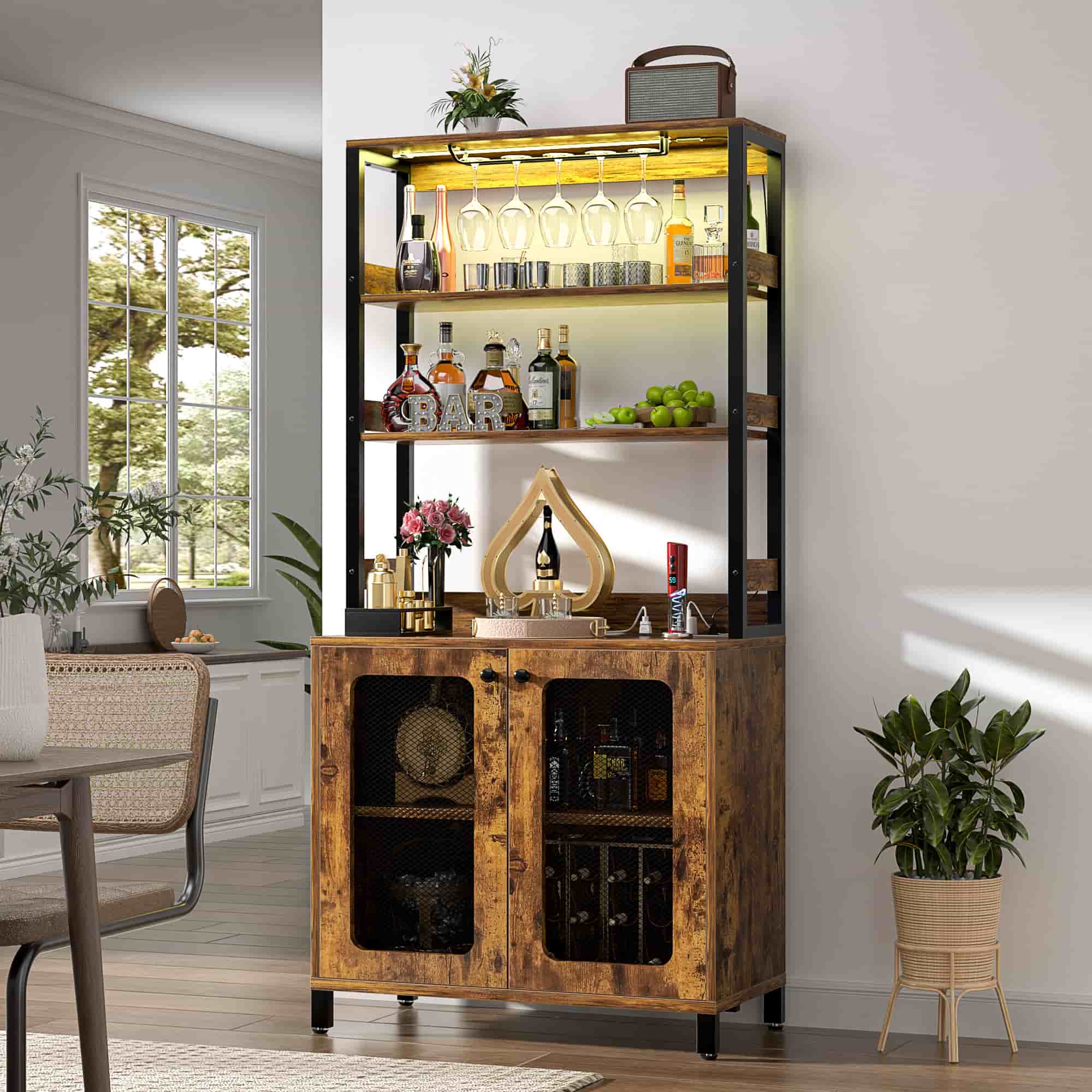 67'' Tall Wine Cabient with Charging Station and LED Lights