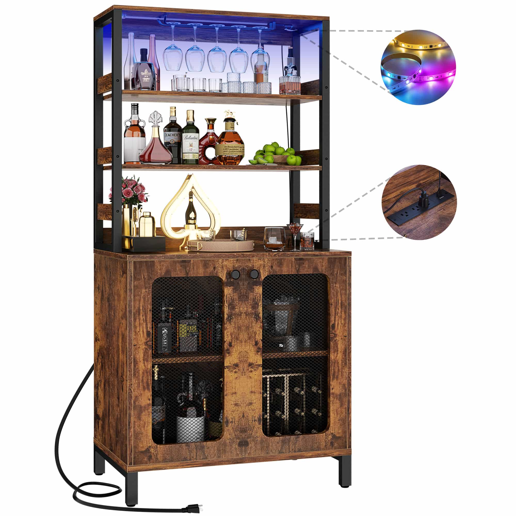 67'' Tall Wine Cabient with Charging Station and LED Lights