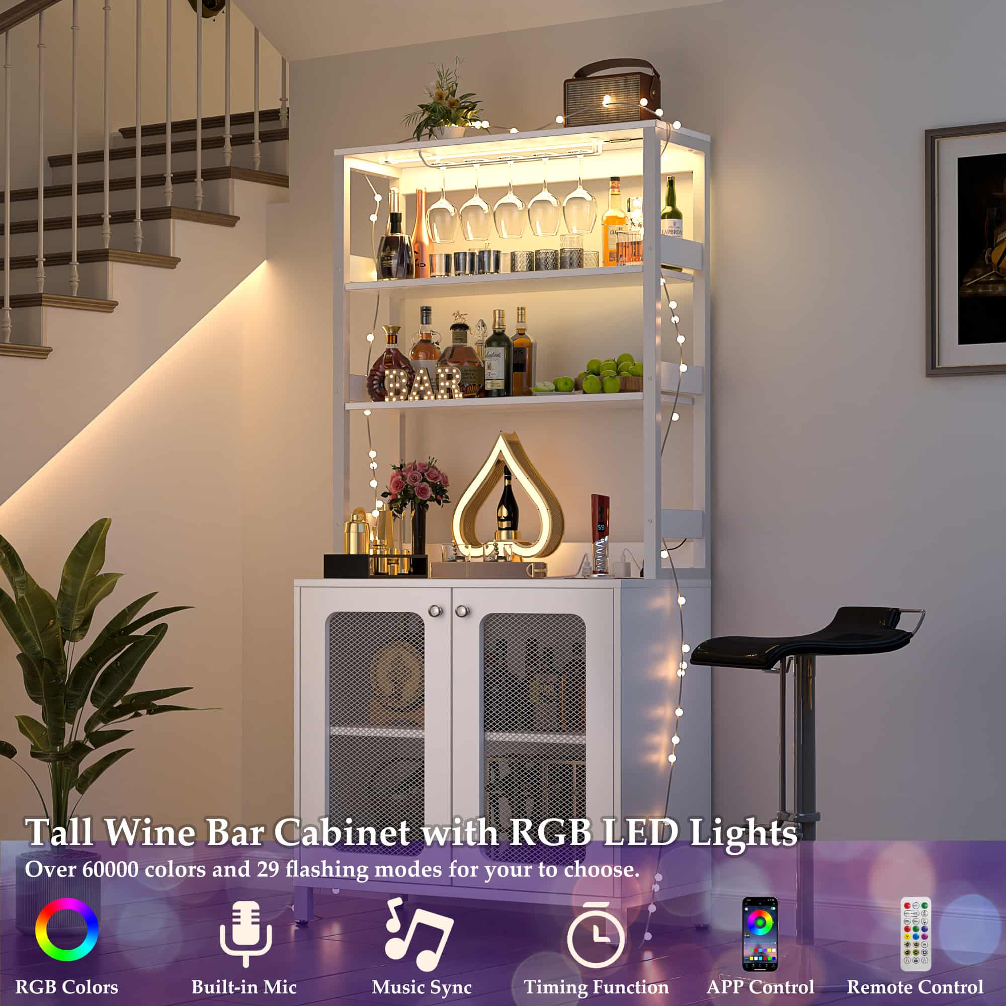 67'' Tall Wine Cabient with Charging Station and LED Lights