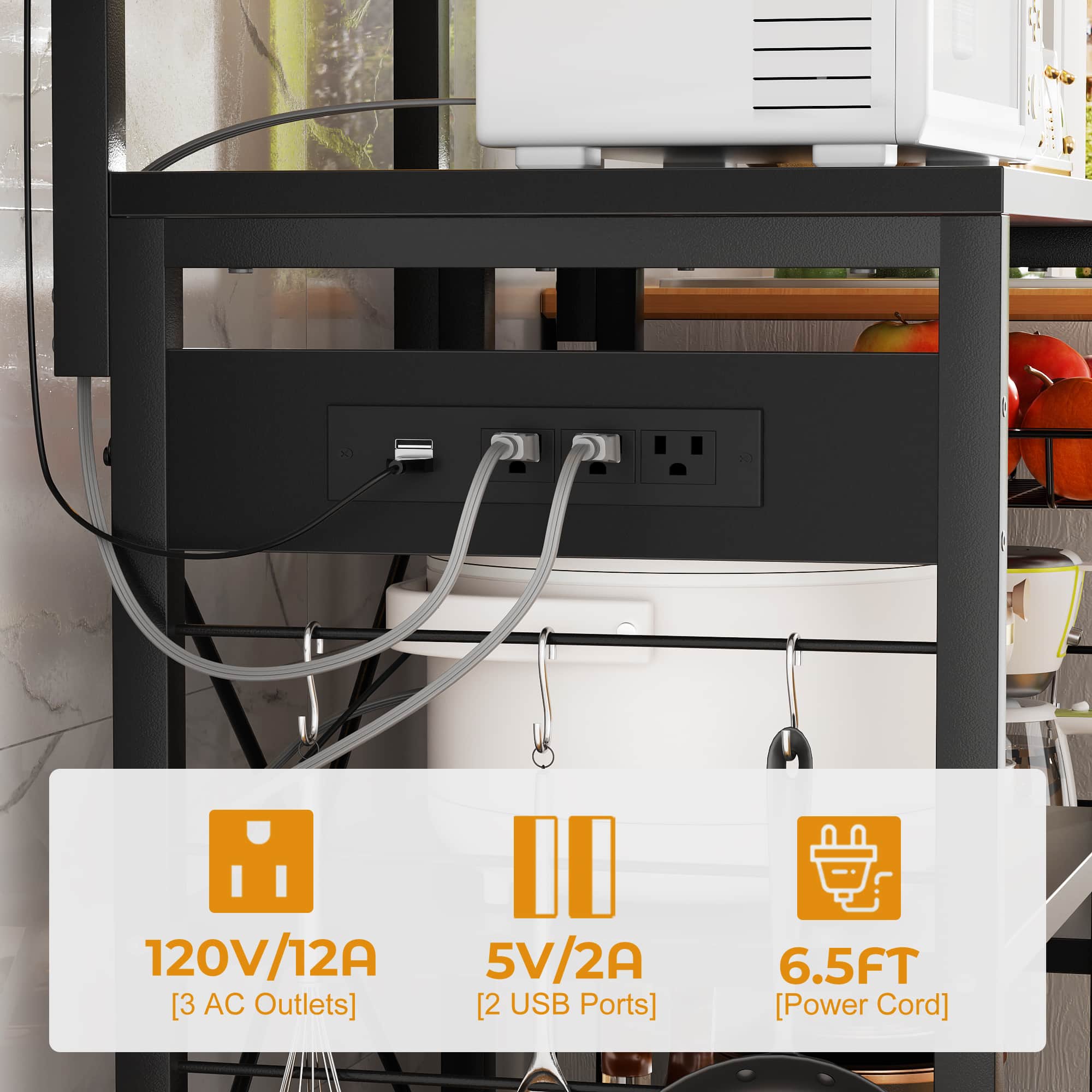 Bakers Rack with Power Outlet and LED Light