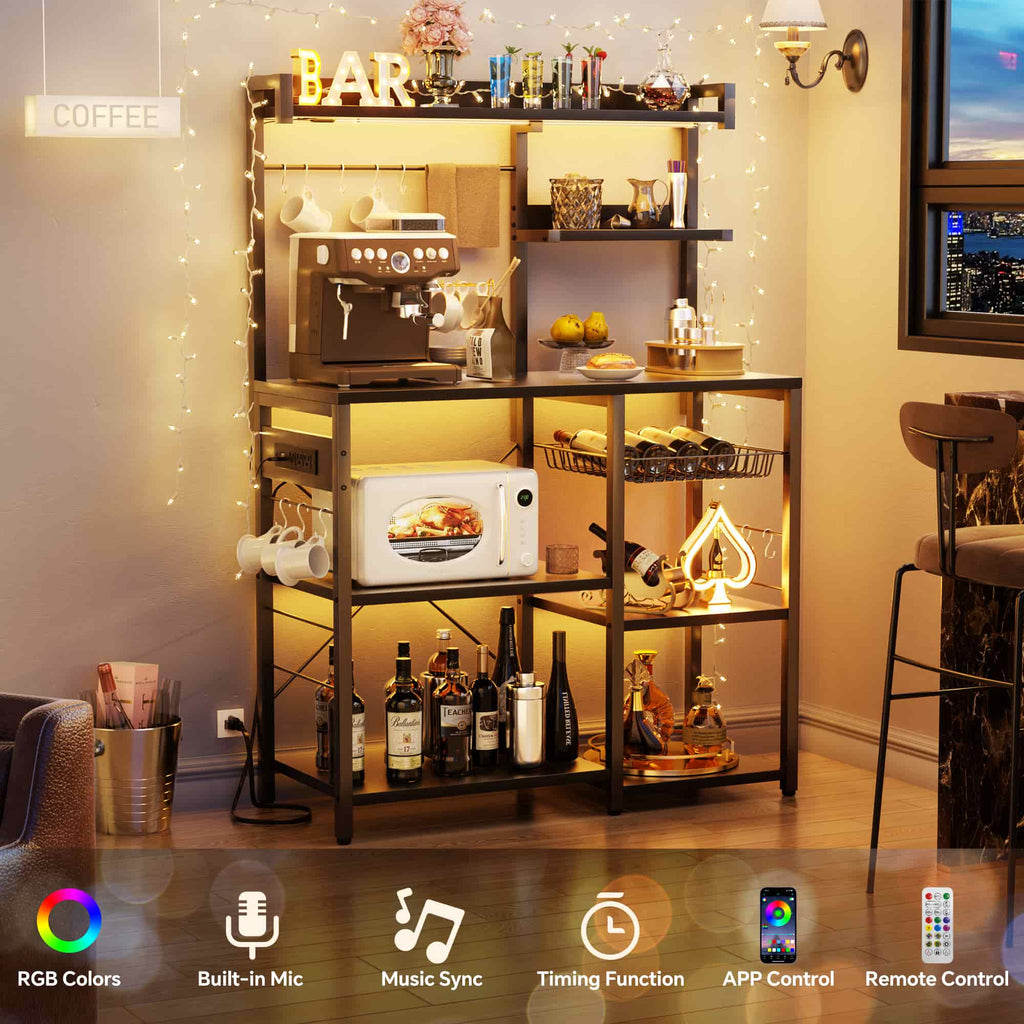 Bakers Rack with Power Outlet and LED Light