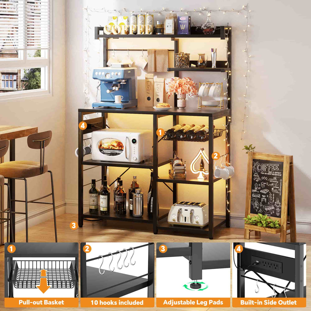 Bakers Rack with Power Outlet and LED Light