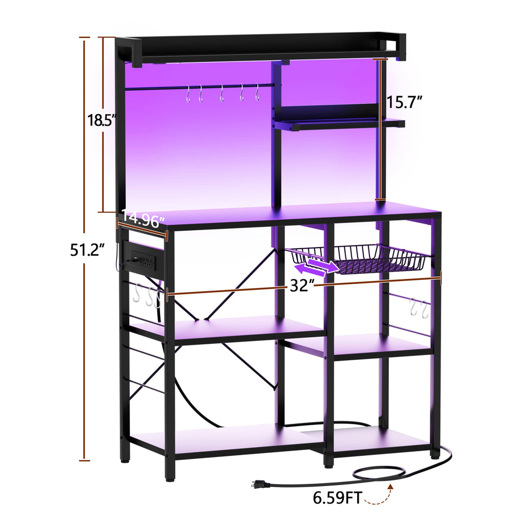 Bakers Rack with Power Outlet and LED Light