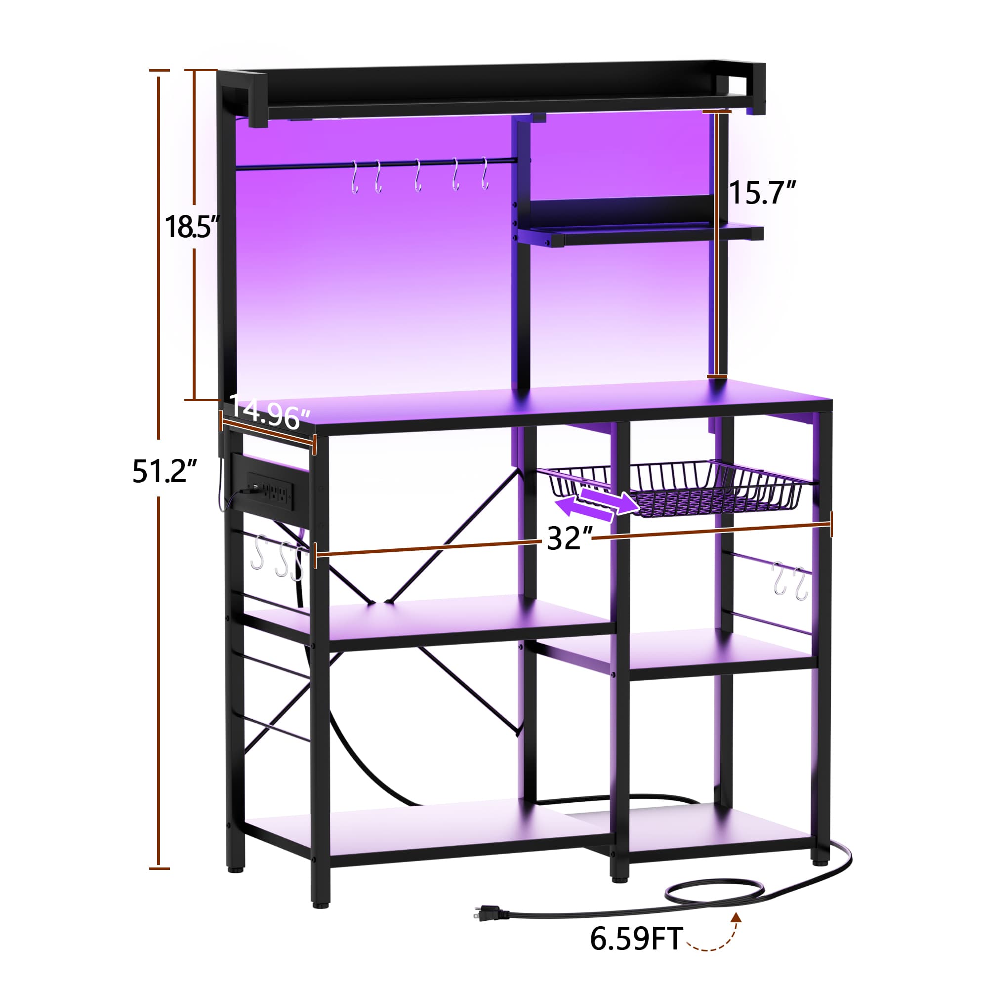 Bakers Rack with Power Outlet and LED Light