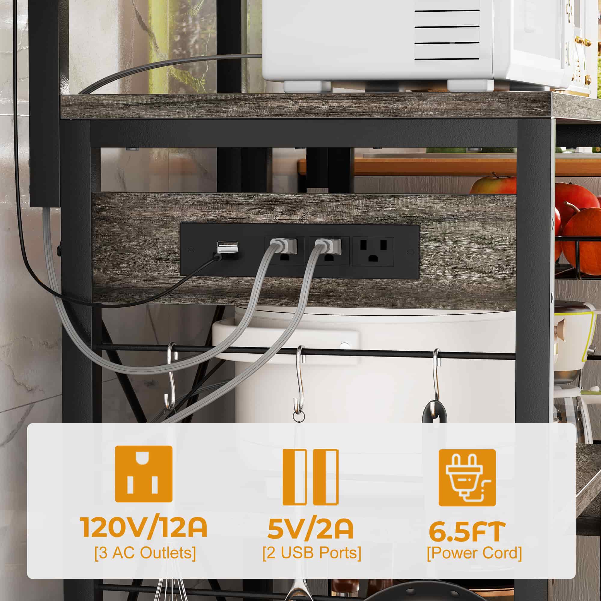 Bakers Rack with Power Outlet and LED Light